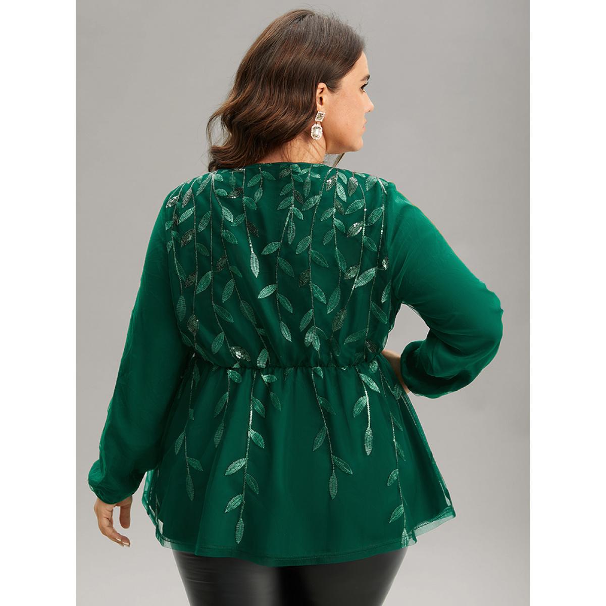 Plus Size Green Leaves Embroidered Sequin Tiered Mesh Blouse Women Glamour Long Sleeve V-neck Party Blouses BloomChic 28/5X Product Image