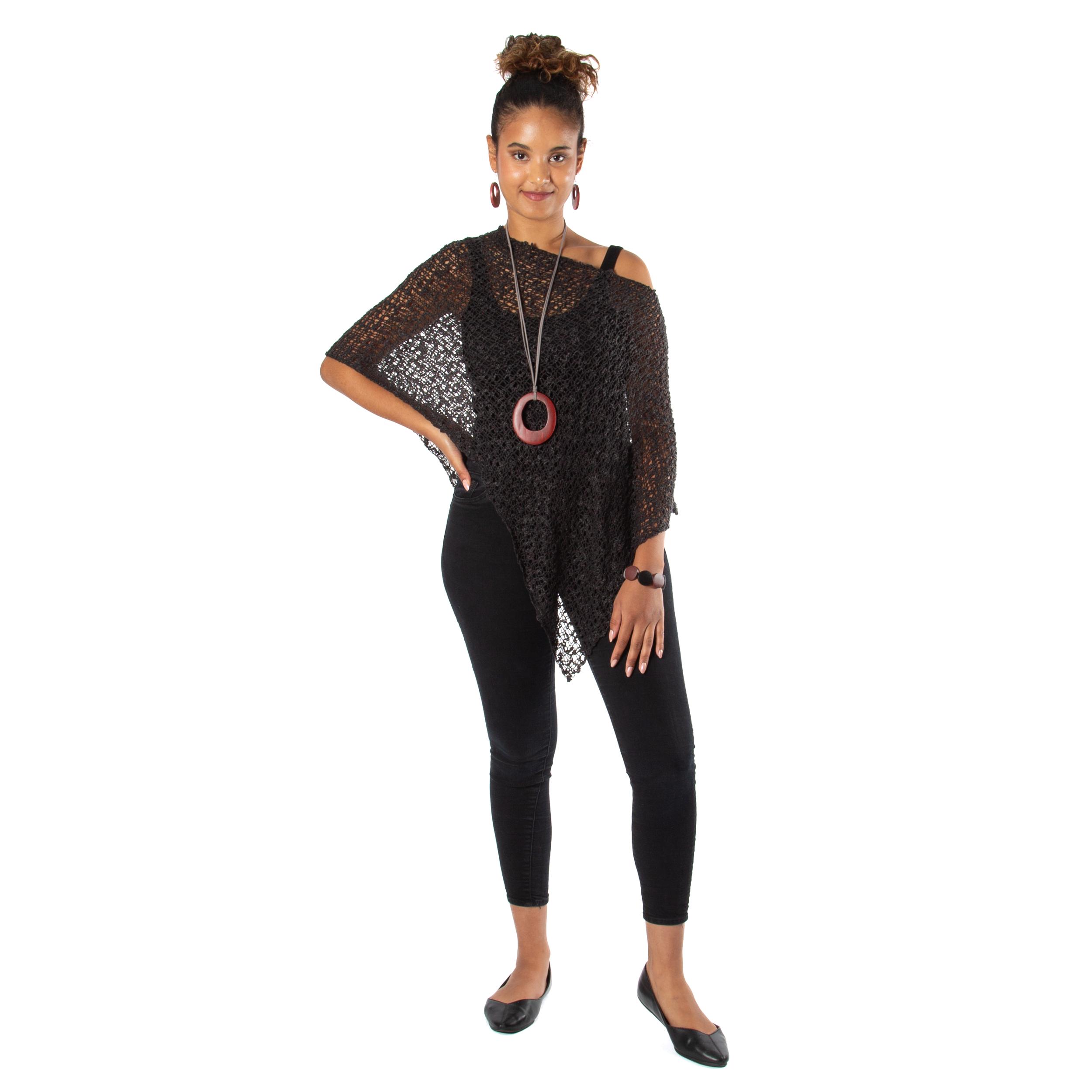 Short Popcorn Knit Poncho - Black Product Image