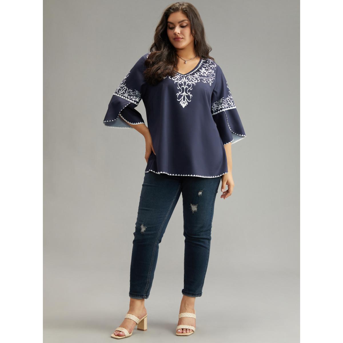 Plus Size Indigo Boho Print V Neck Petal Sleeve Blouse Women Vacation Elbow-length sleeve V-neck Dailywear Blouses BloomChic 30/6X Product Image