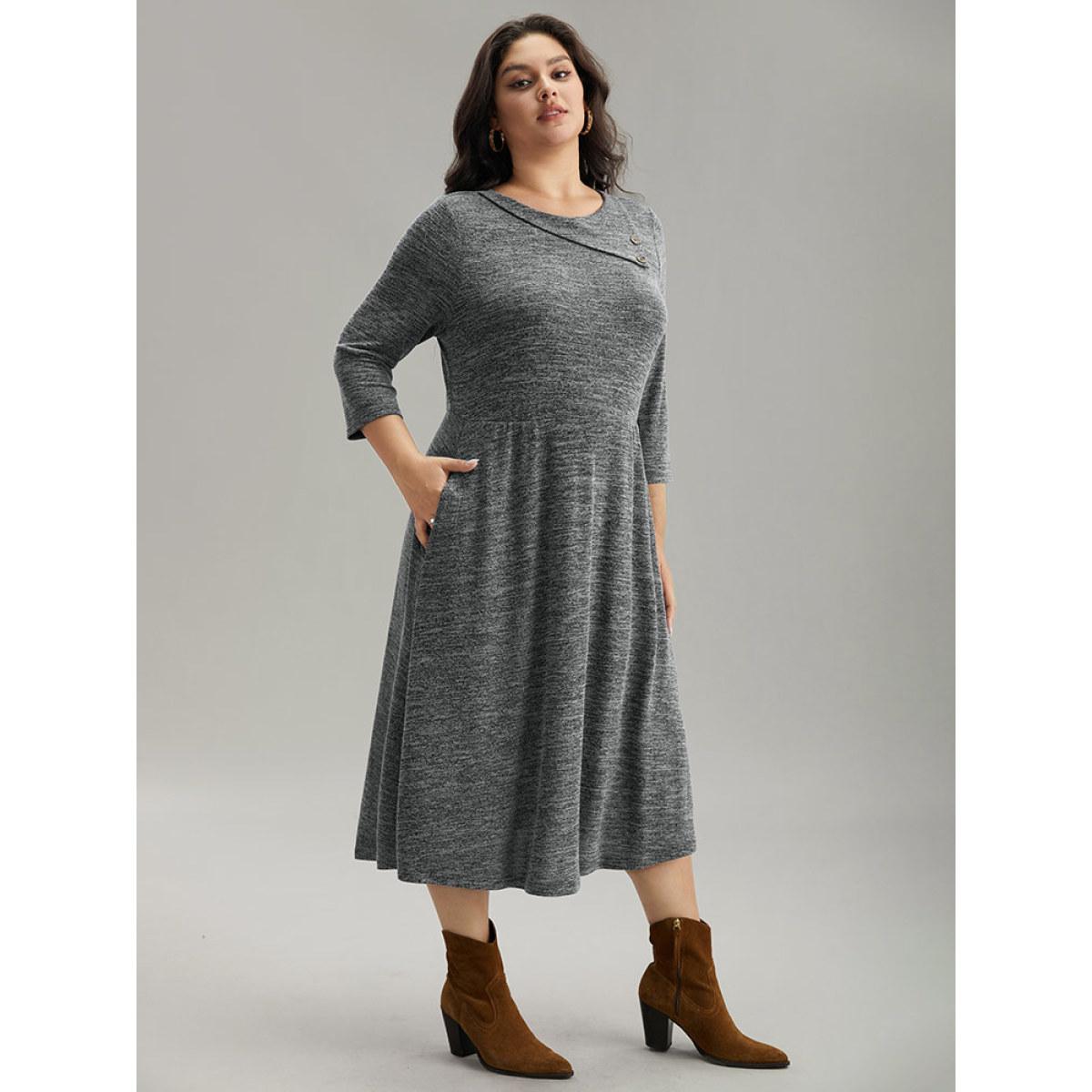 Plus Size Solid Heather Button Detail Pocket Gathered Dress Black Women Work From Home Plain Round Neck Elbow-length sleeve Curvy Midi Dress BloomChic 12/L Product Image