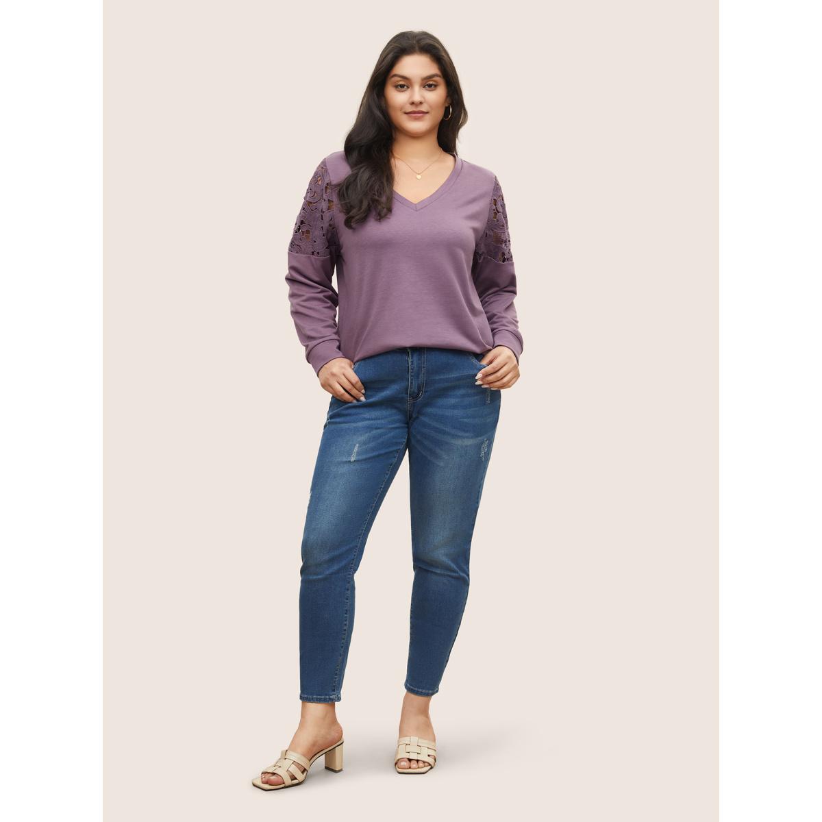 Plus Size Lace Patchwork Embroidered V Neck Sweatshirt Women Mauve Casual Cut-Out V-neck Everyday Sweatshirts BloomChic 26/4X Product Image