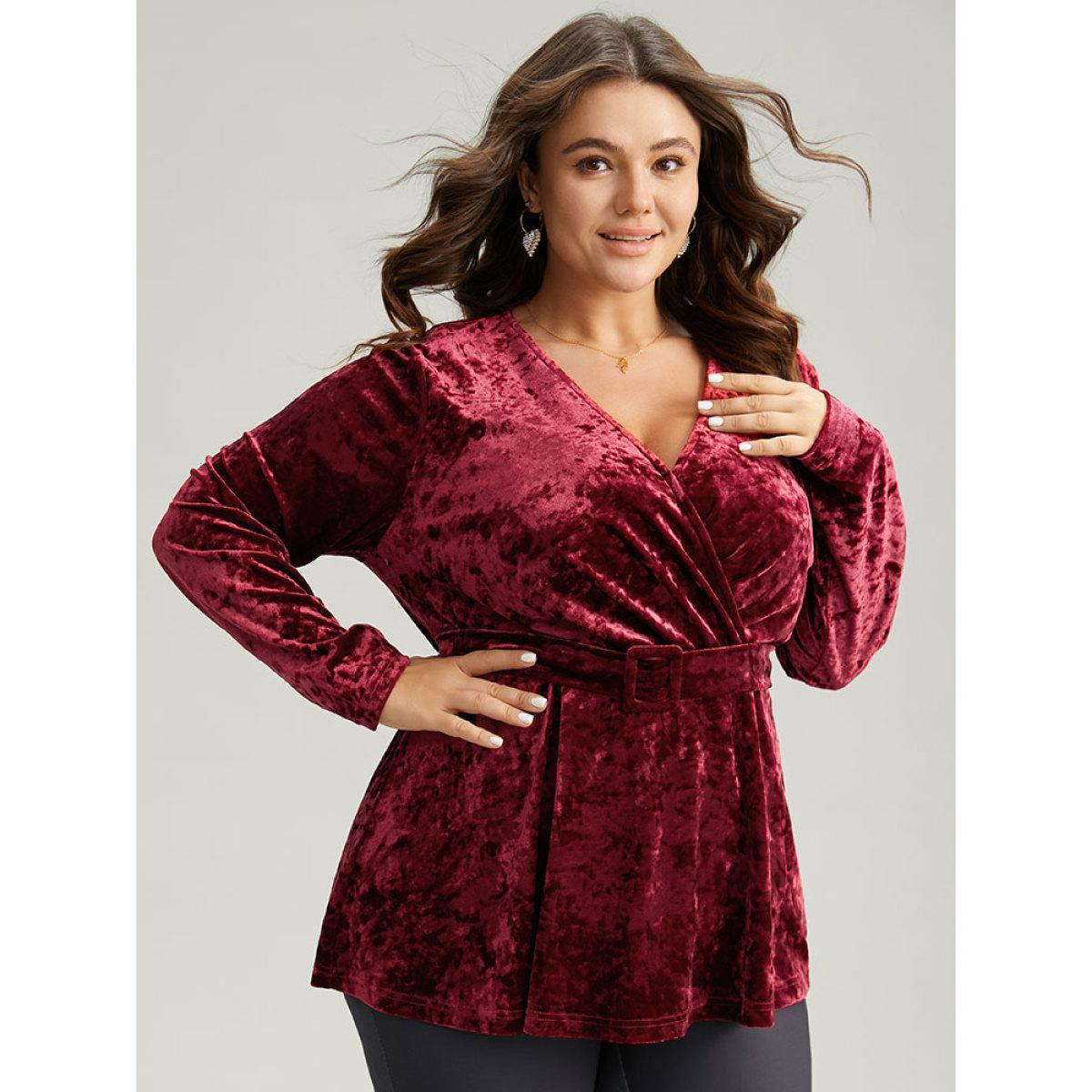 Plus Size Scarlet Velvet Overlap Collar Elastic Waist Buckle Detail Blouse Women Glamour Long Sleeve Overlap Collar Festival-Christmas Blouses BloomChic 12/L Product Image