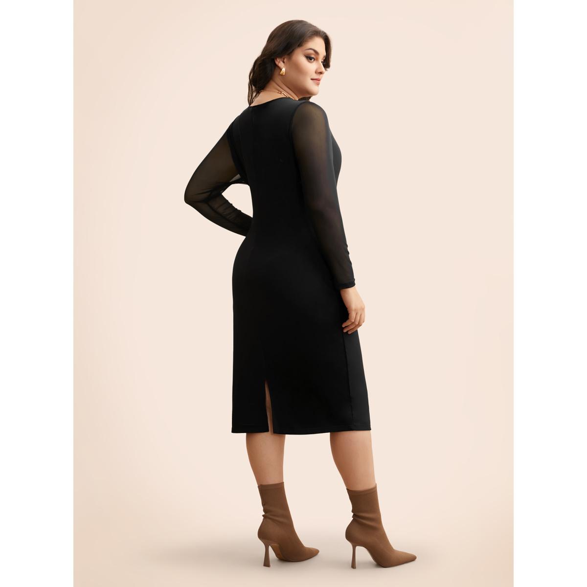 Plus Size Crew Neck Patchwork Mesh Split Hem Dress Black Women Elegant See through Round Neck Long Sleeve Curvy BloomChic 22-24/3X Product Image