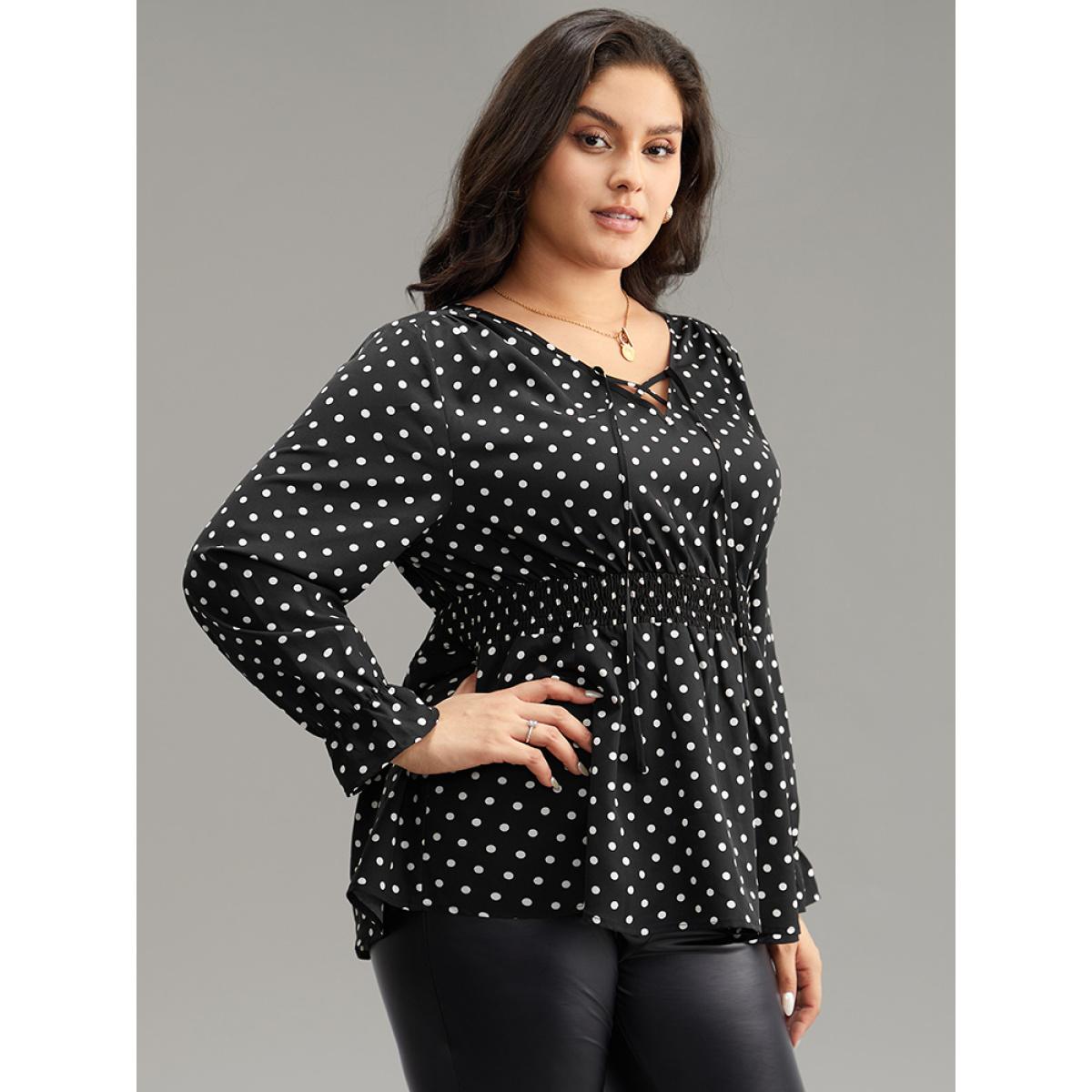 Plus Size Black Polka Dot Lace Up Shirred Flutters Blouse Women Office Long Sleeve V-neck Office Blouses BloomChic 22-24/3X Product Image