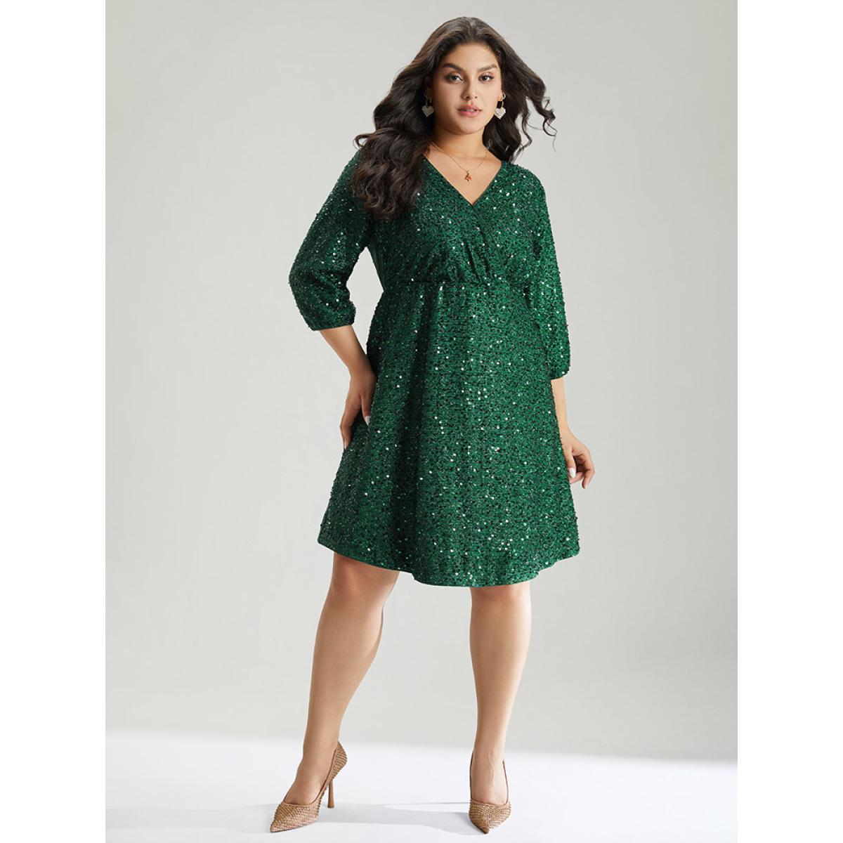 Plus Size Sequin Overlap Collar Elastic Waist Knee Dress DarkGreen Women Cocktail Wrap Overlap Collar Elbow-length sleeve Curvy Knee Dress BloomChic 22-24/3X Product Image