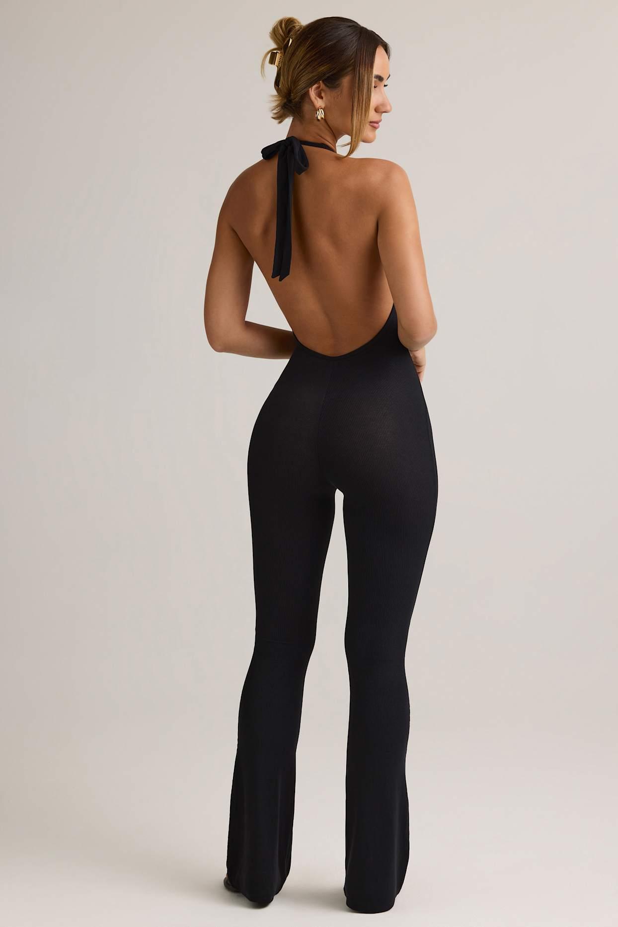 Modal Ribbed Backless Halterneck Jumpsuit in Black Product Image
