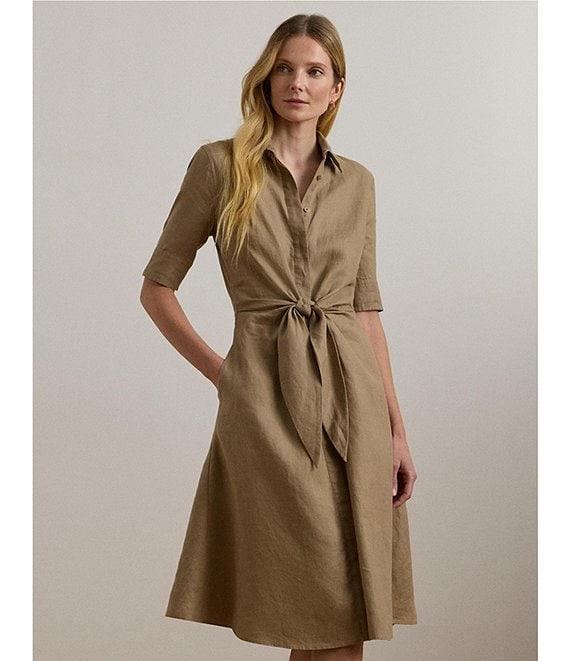Lauren Ralph Lauren Linen Point Collar Elbow Sleeve Tie Waist Shirt Dress Product Image