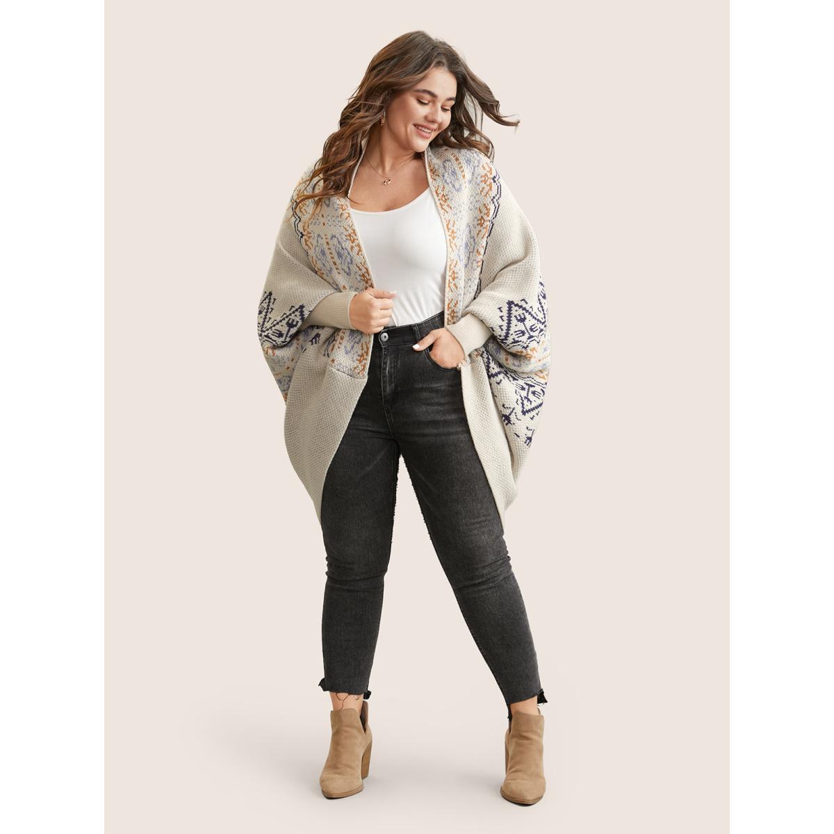 Plus Size Boho Print Dolman Sleeve Jacquard Cardigan Beige Women Casual Loose Long Sleeve Everyday Cardigans BloomChic 12/L Product Image