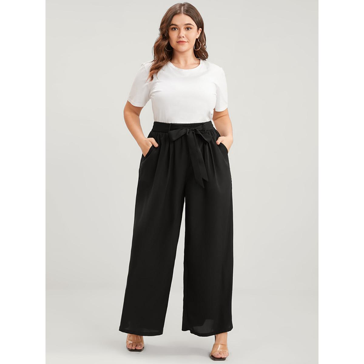 Plus Size Solid Elastic Waist Knotted Front Pocket Wide Leg Pants Women Black Casual Wide Leg High Rise Dailywear Pants BloomChic 10/M Product Image