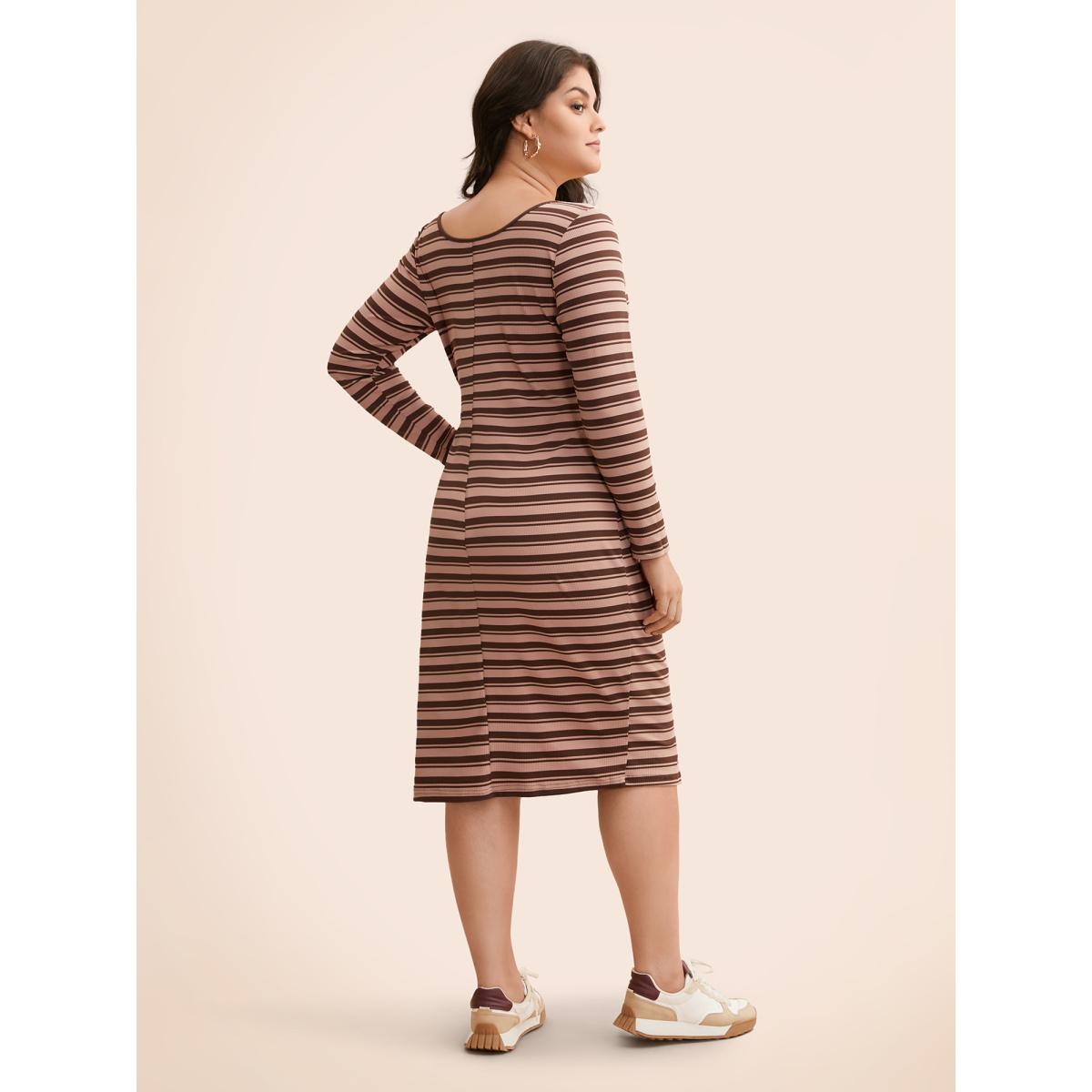 Plus Size U Neck Striped Pit Strip Dress DustyPink Women Casual Texture U-neck Long Sleeve Curvy BloomChic 26/4X Product Image