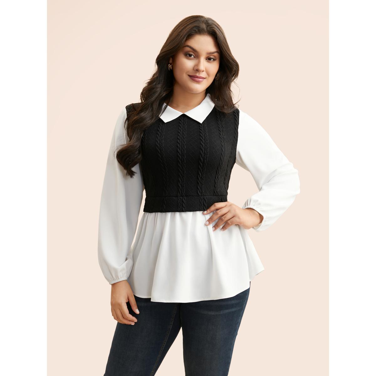 Plus Size Originalwhite Peter Pan Collar Patchwork Contrast Blouse Women Elegant Long Sleeve Peter Pan collar Everyday Blouses BloomChic 14-16/1X Product Image