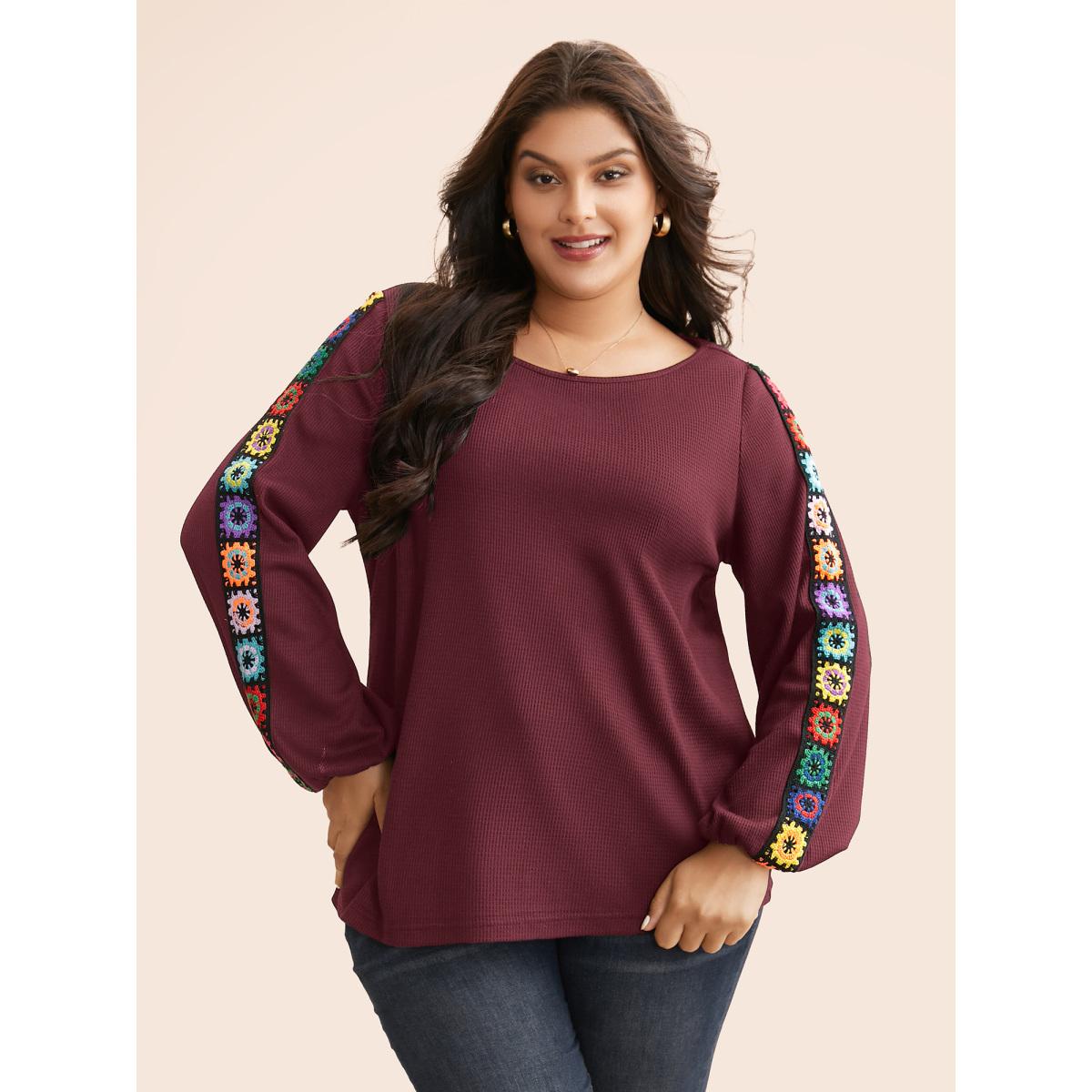 Plus Size Crew Neck Patchwork Crochet Floral T-shirt Burgundy Women Casual Woven ribbon&lace trim Non Everyday T-shirts BloomChic 28/5X Product Image
