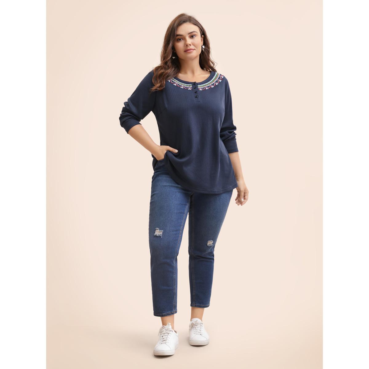 Plus Size Bandana Embroidered Button Up T-shirt Indigo Women Casual Embroidered Art&design Round Neck Everyday T-shirts BloomChic 12/L Product Image