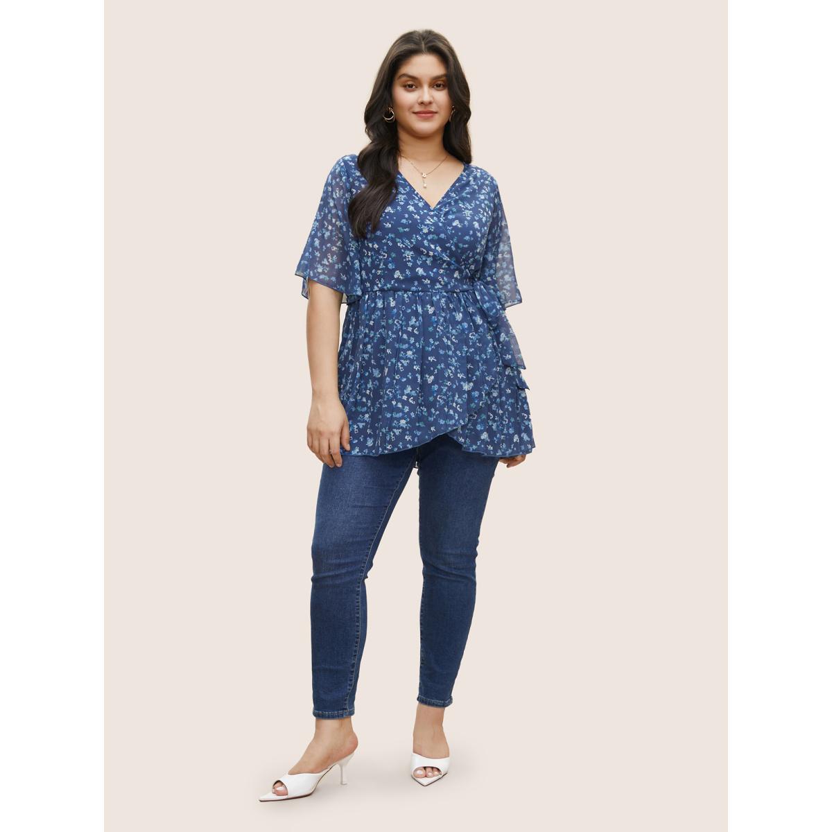 Plus Size Indigo Ditsy Floral Mesh Overlap Collar Ties Blouse Women Elegant Short sleeve Overlap Collar Everyday Blouses BloomChic 14-16/1X Product Image