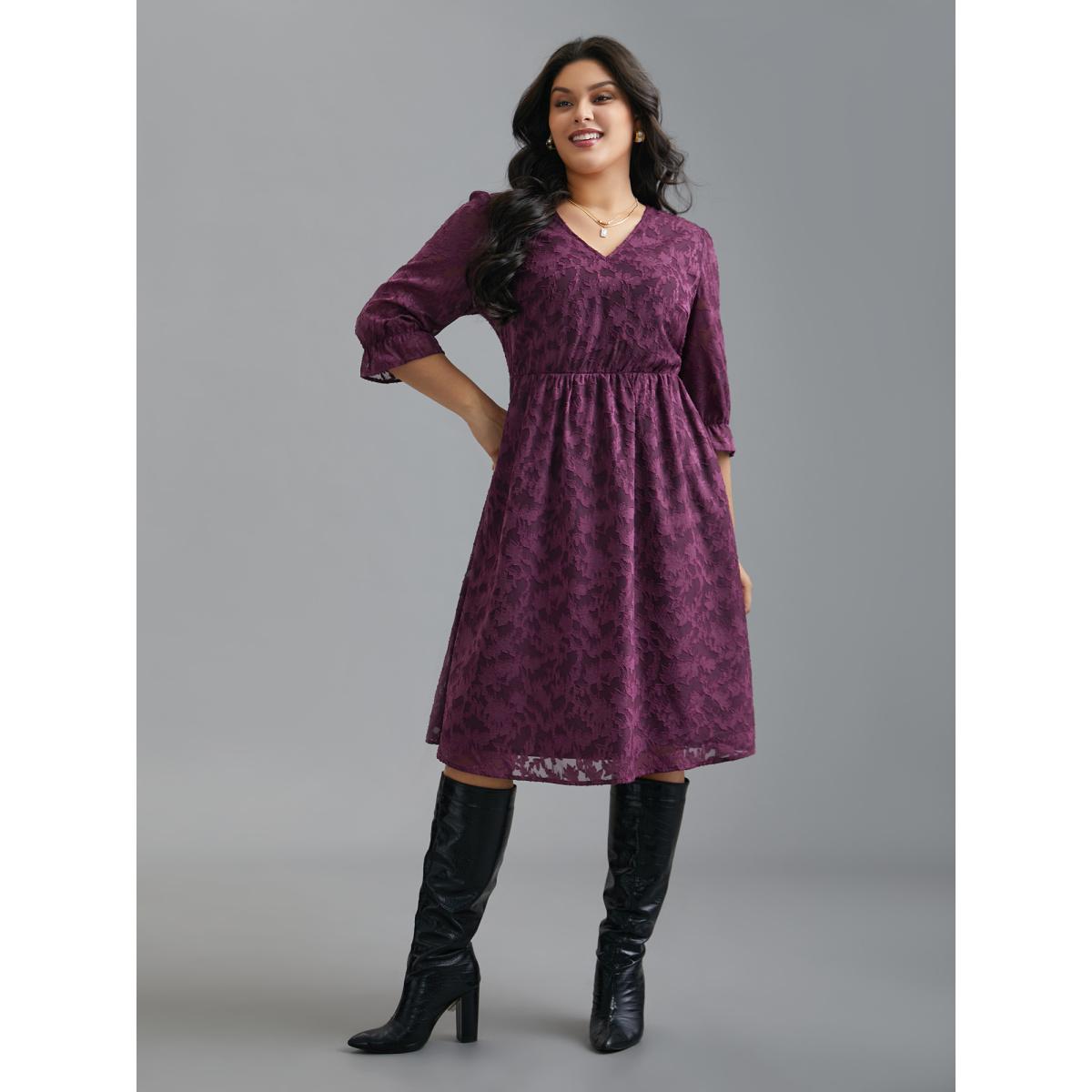 Plus Size V Neck Burn-out Fabric Midi Dress Deeppurplered Women Elegant Texture V-neck Elbow-length sleeve Curvy BloomChic 28/5X Product Image