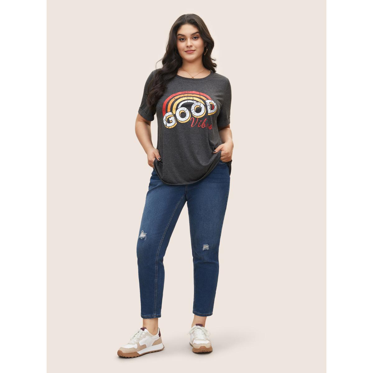 Plus Size Vintage Rainbow Print Crew Neck T-shirt DimGray Women Casual Positive slogan Round Neck Everyday T-shirts BloomChic 26/4X Product Image