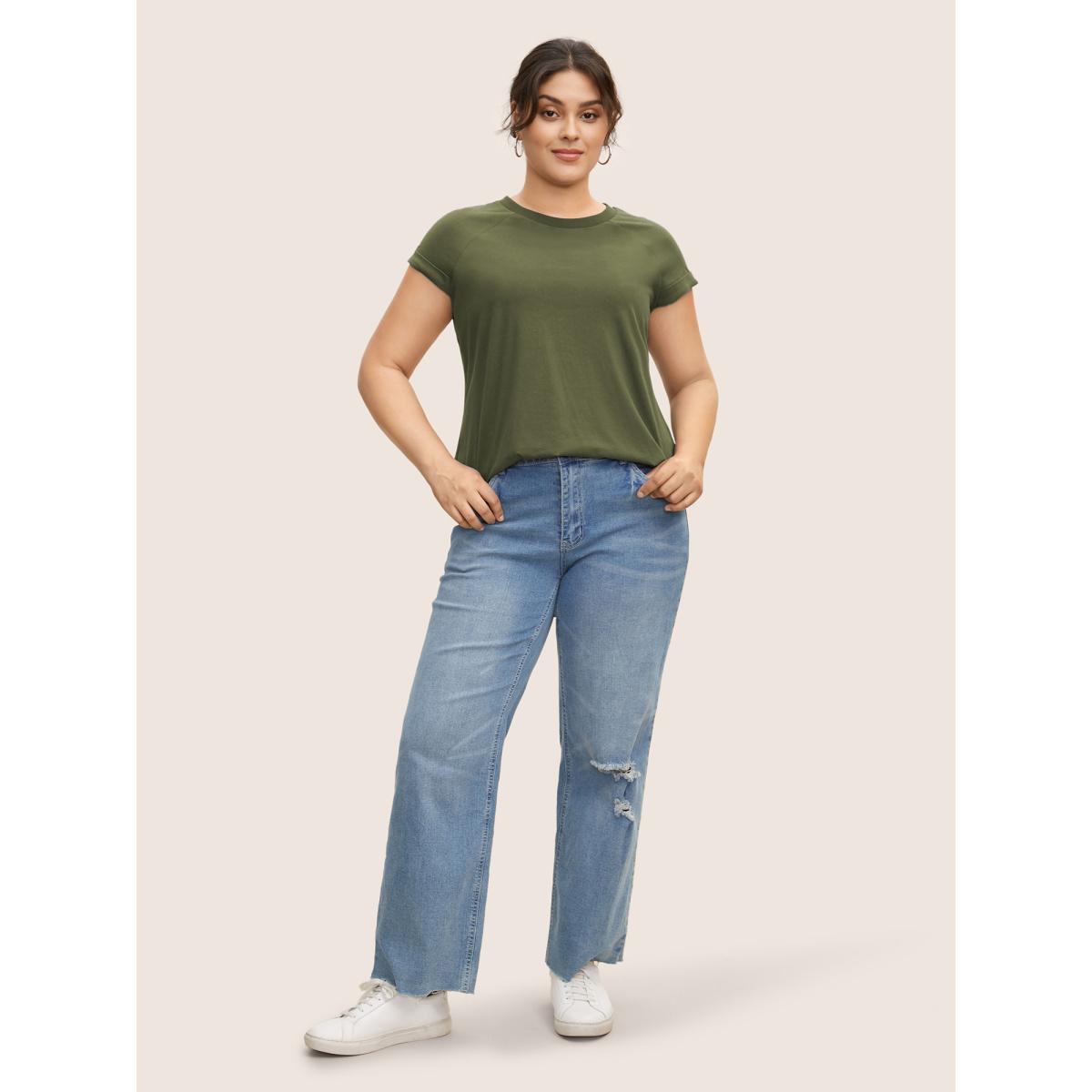 Plus Size Cotton Solid Crew Neck Roll Sleeve T-shirt ArmyGreen Women Casual Roll Hem Round Neck Everyday T-shirts BloomChic 12/L Product Image