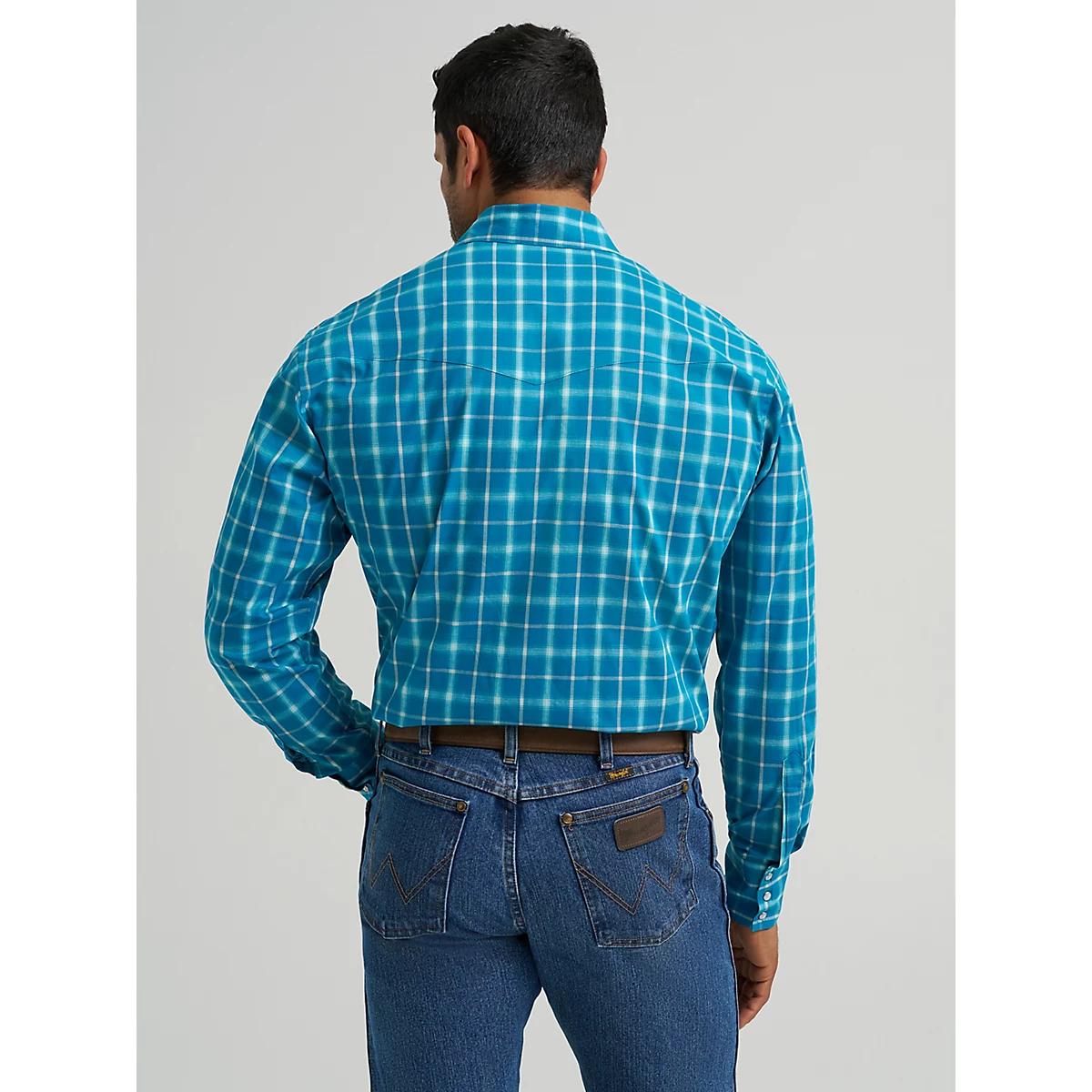 Men's Wrinkle Resist Long Sleeve Western Snap Plaid Shirt in Dark Teal Product Image