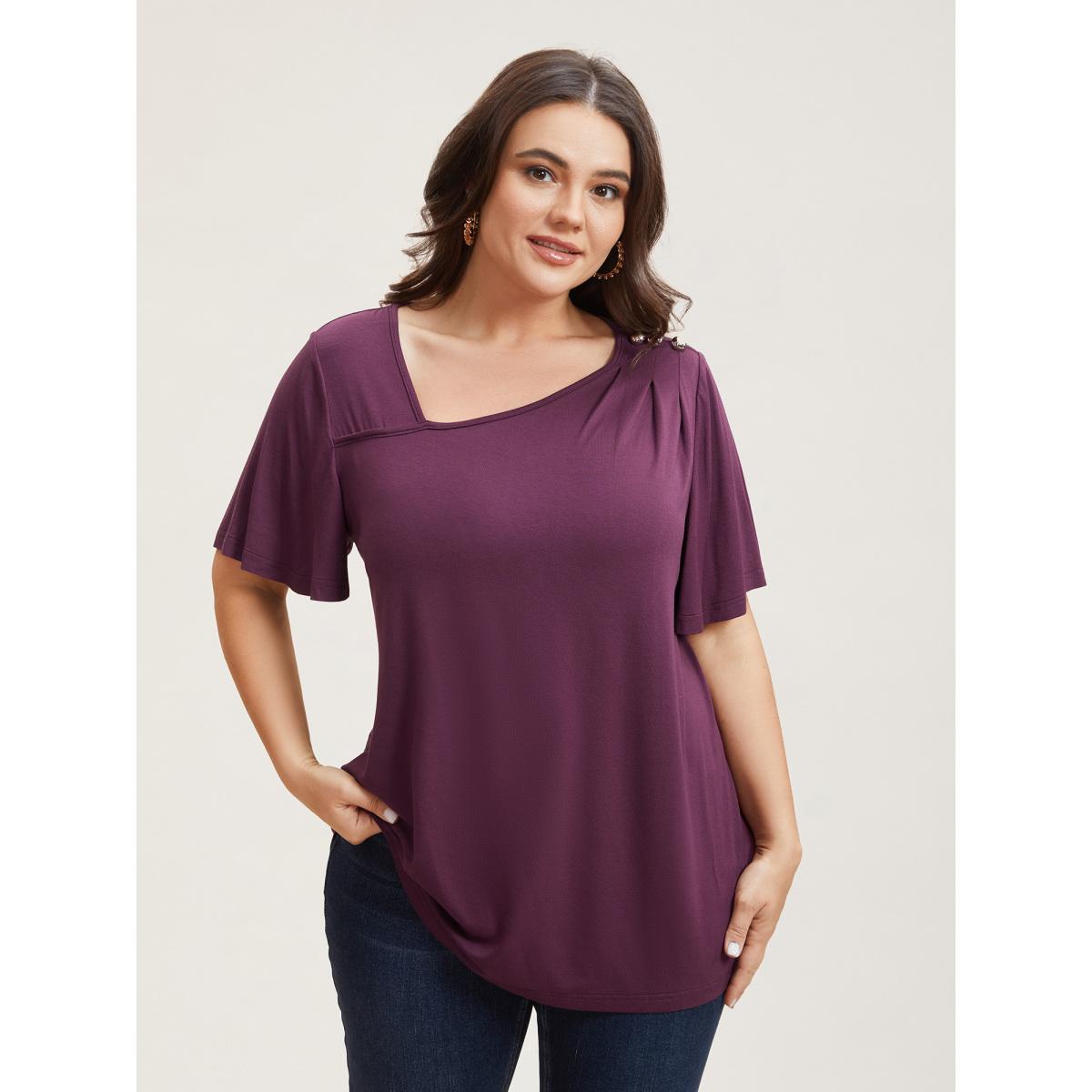 Plus Size Supersoft Asymmetrical Neckline Flutter Sleeve T-Shirt Plum Women Casual Pleated Asymmetrical Neck Everyday T-shirts BloomChic 14-16/1X Product Image
