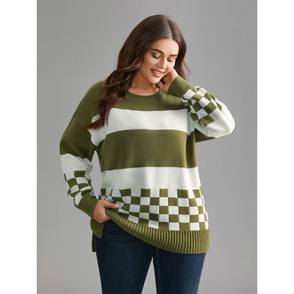 Plus Size Colorblock Contrast Round Neck Split Hem Pullover Moss Women Casual Loose Long Sleeve Round Neck Everyday Pullovers BloomChic 14-16/1X Product Image