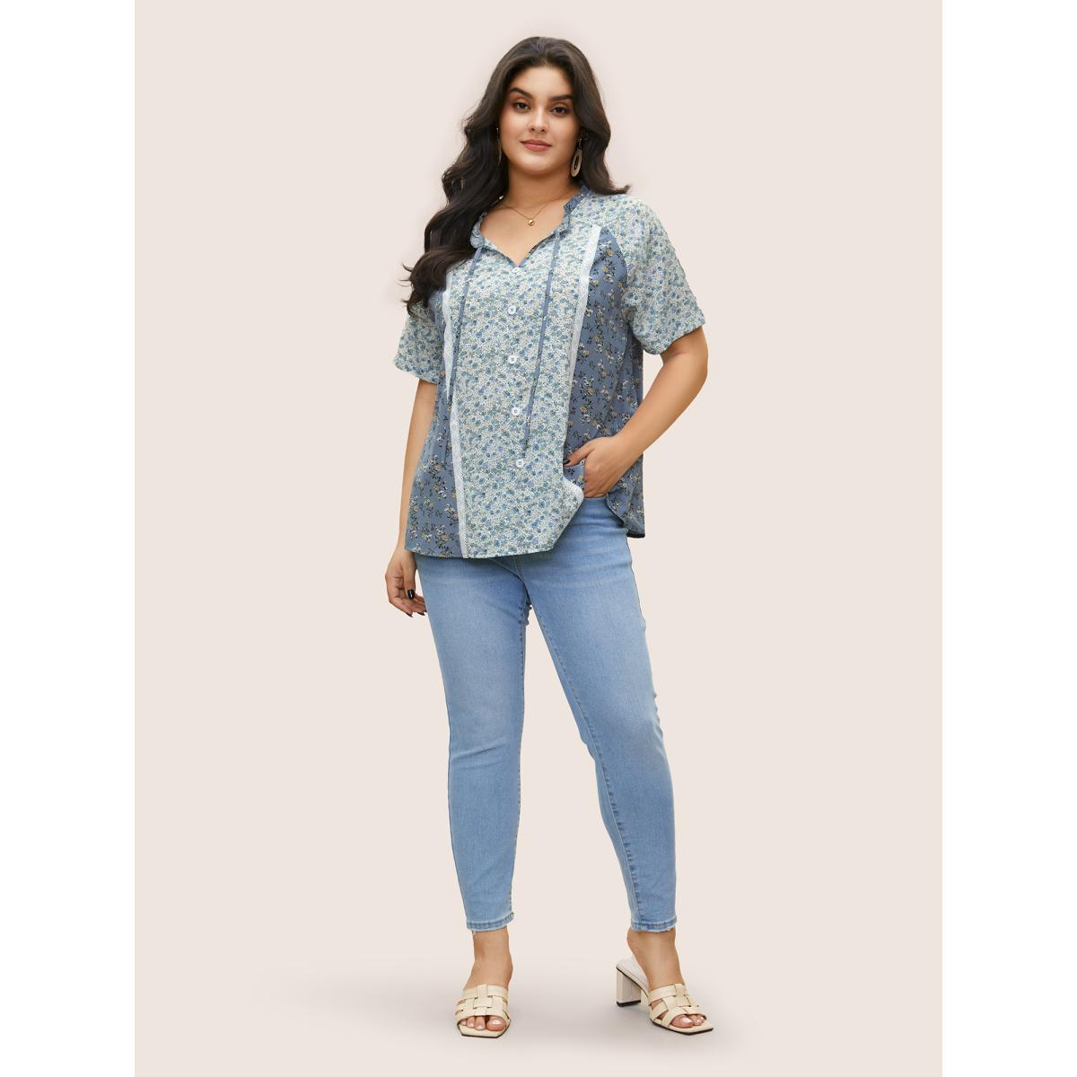 Plus Size Stone Ditsy Floral Ruffles Lace Patchwork Ties Blouse Women Elegant Short sleeve Notched collar Everyday Blouses BloomChic 22-24/3X Product Image