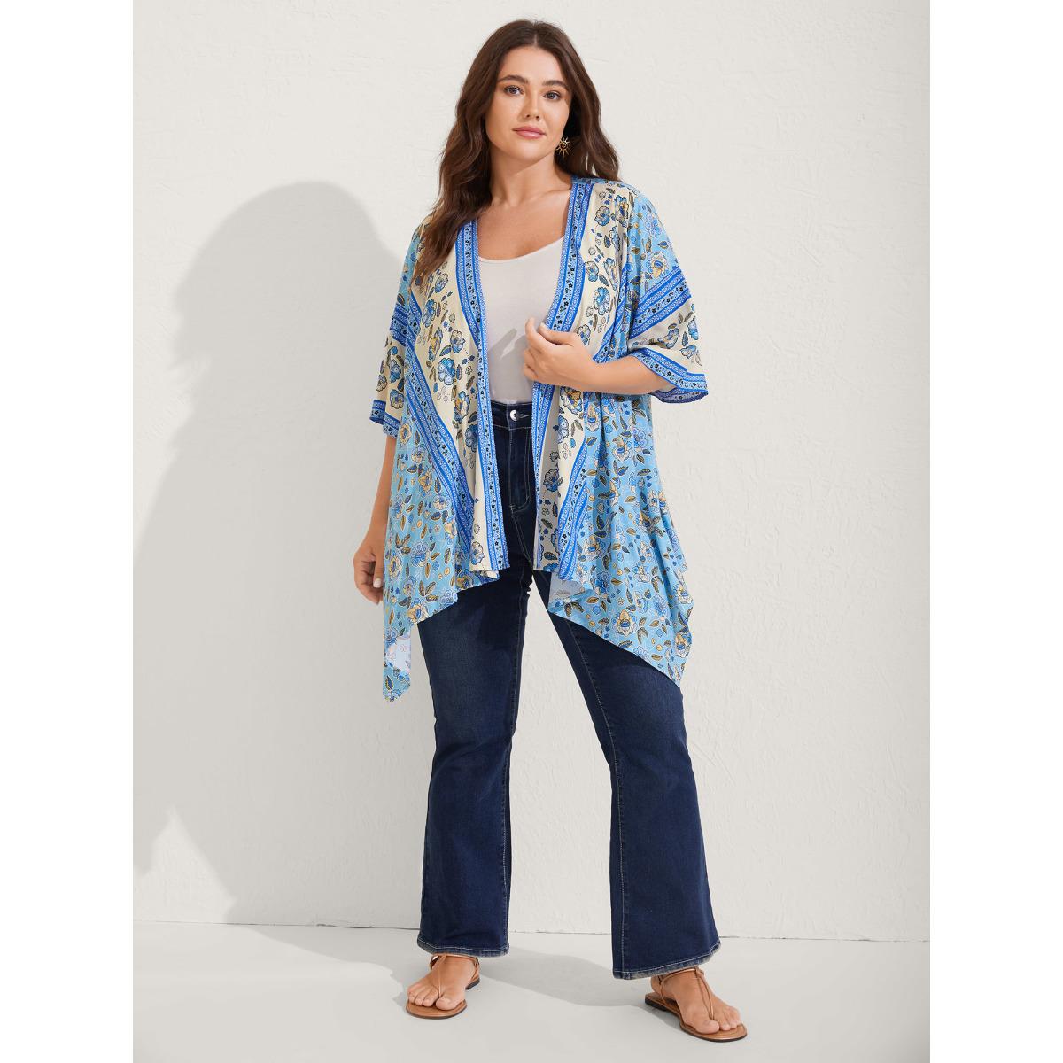 Plus Size Floral Color Block Breezy Kimono Women LightBlue Asymmetrical Loose Vacation Kimonos BloomChic 26/4X Product Image