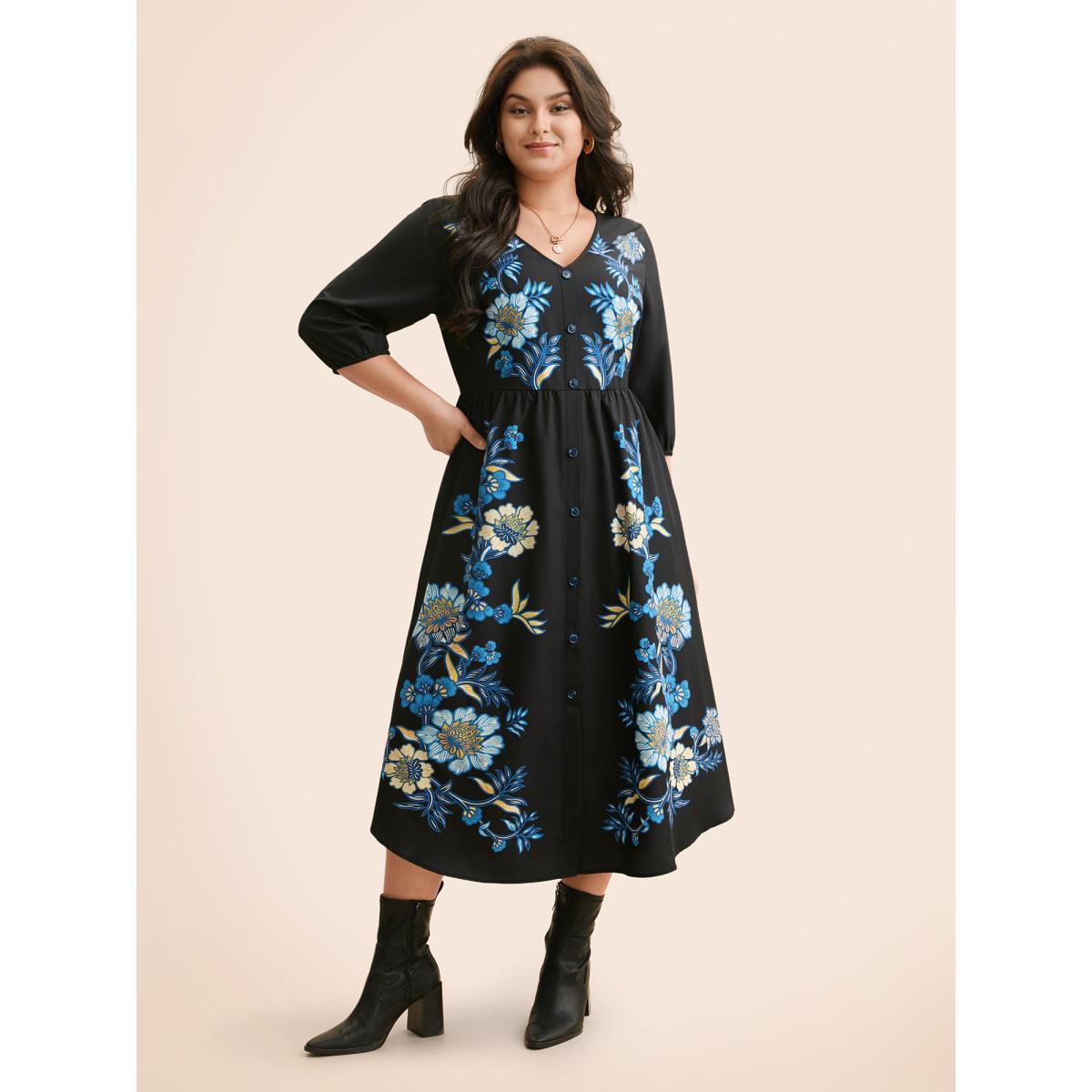 Plus Size Boho Print Lantern Sleeve Midi Dress BlackFlower Women Elegant Button V-neck Elbow-length sleeve Curvy BloomChic 22-24/3X Product Image