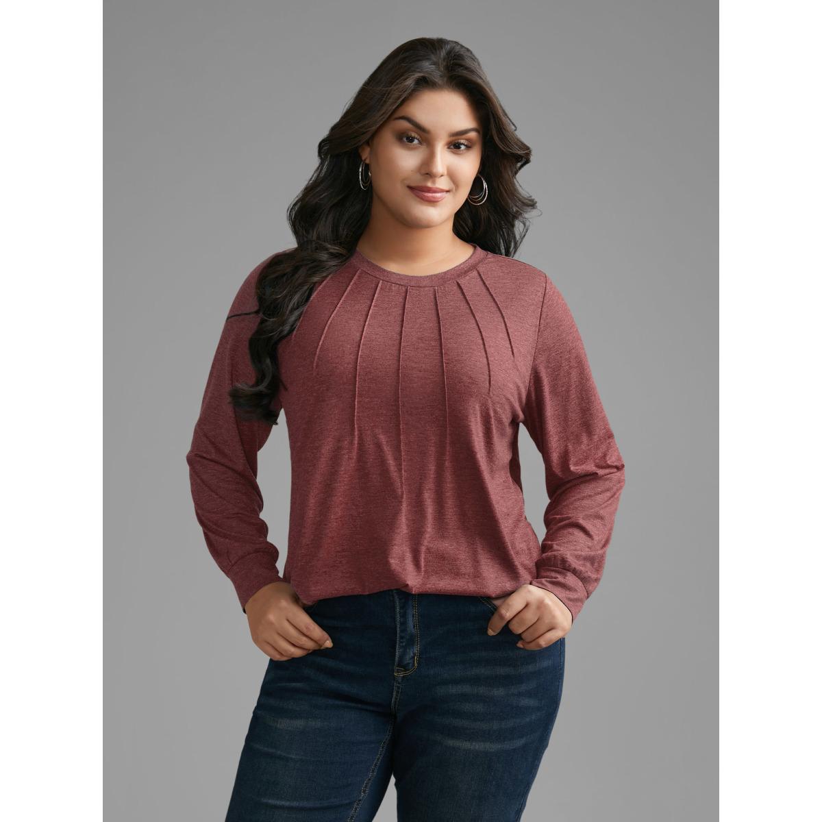 Plus Size Solid Heather Round Neck Pleated T-shirt Russet Women Casual Pleated Round Neck Everyday T-shirts BloomChic 14-16/1X Product Image