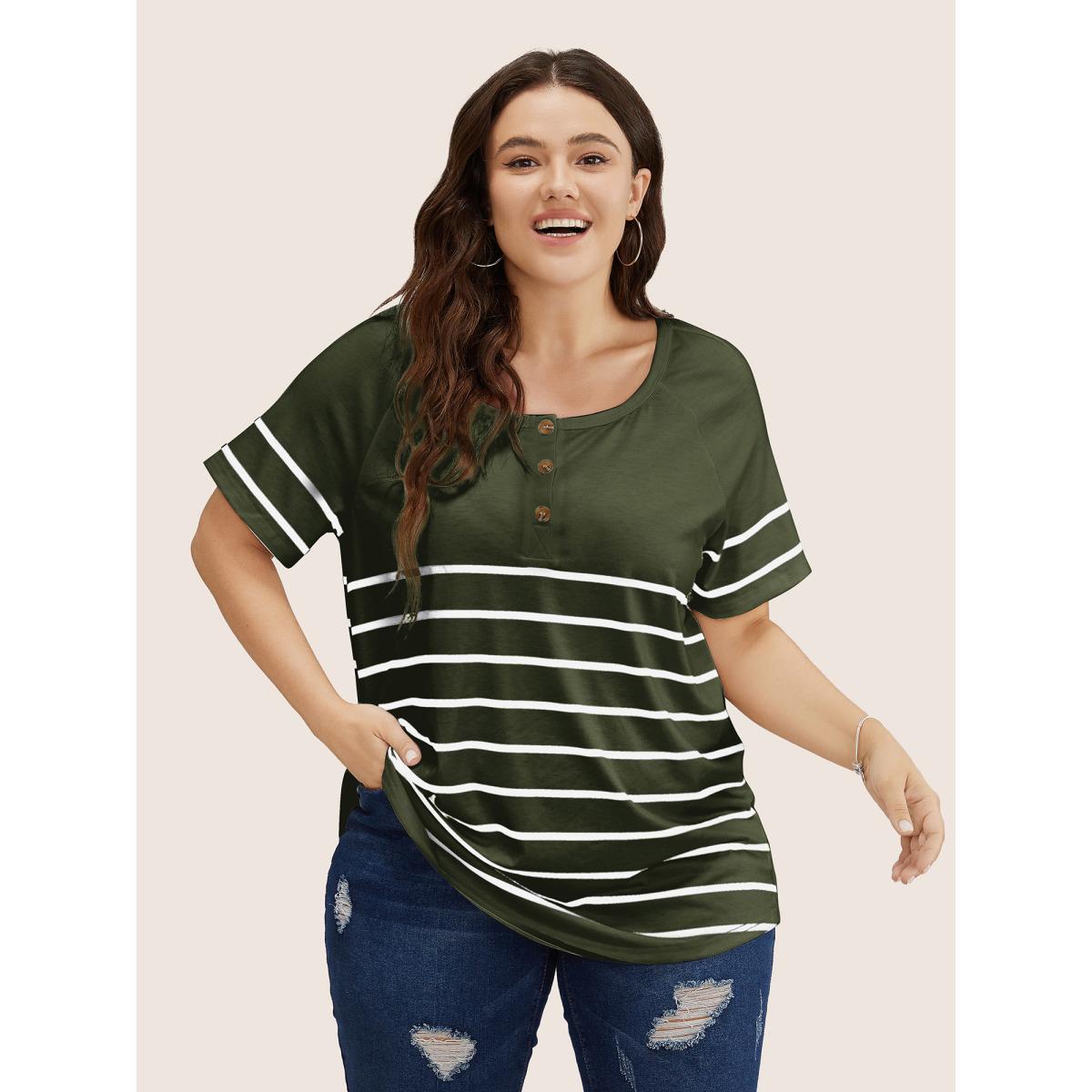 Plus Size Striped Print Raglan Sleeve Button Up T-shirt ArmyGreen Women Casual Contrast Striped Round Neck Everyday T-shirts BloomChic 18-20/2X Product Image
