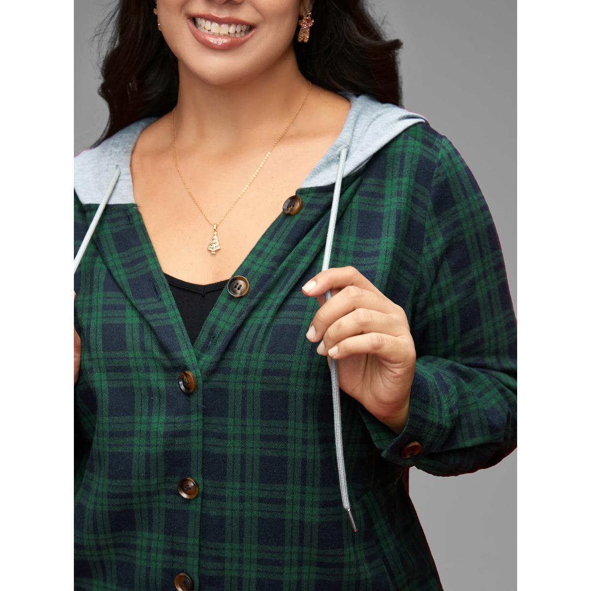 Plus Size Plaid Hooded Drawstring Jacket Women DarkGreen Contrast Slanted pocket Everyday Jackets BloomChic 26/4X Product Image