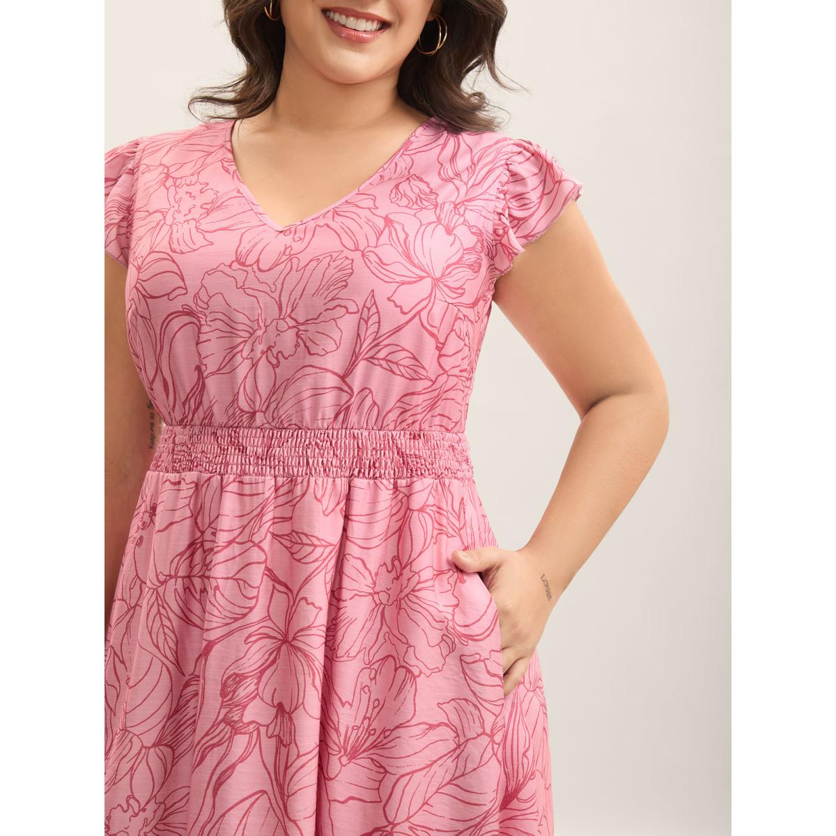 Plus Size Floral Lines Cinched-Waist Pockets Midi Dress Blush Women V-neck Cap Sleeve Curvy BloomChic 14-16/1X Product Image