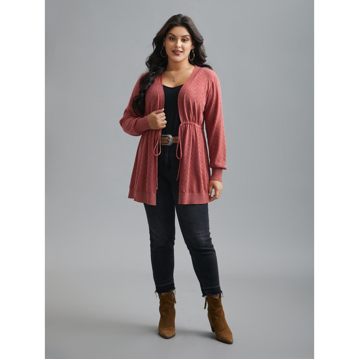 Plus Size Textured Waist Tie Fitted Knit Cardigan Russet Women Casual Loose Long Sleeve Everyday Cardigans BloomChic 22-24/3X Product Image