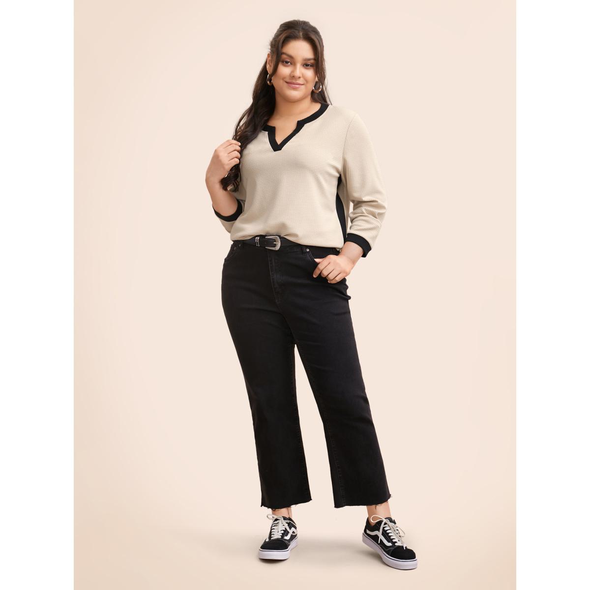 Plus Size Notched Rib Knit Contrast Trim Sweatshirt Women Apricot Casual Texture Flat collar with V-notch Everyday Sweatshirts BloomChic 26/4X Product Image
