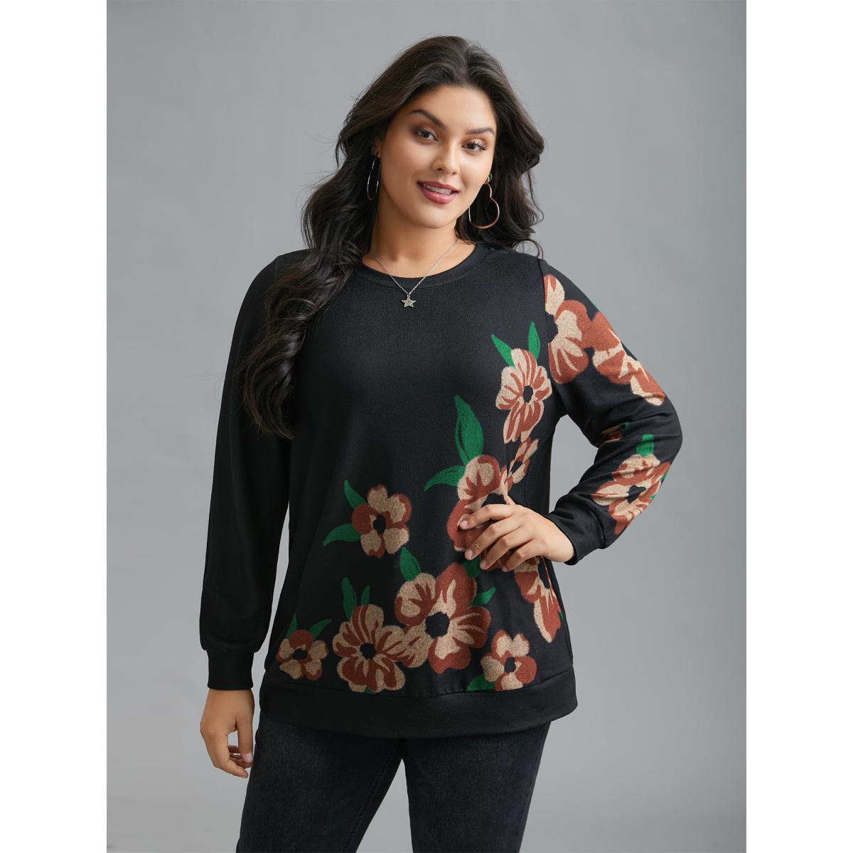 Plus Size Round Neck Floral Print Fitted Sweatshirt Women Black Casual Non Round Neck Everyday Sweatshirts BloomChic 30/6X Product Image