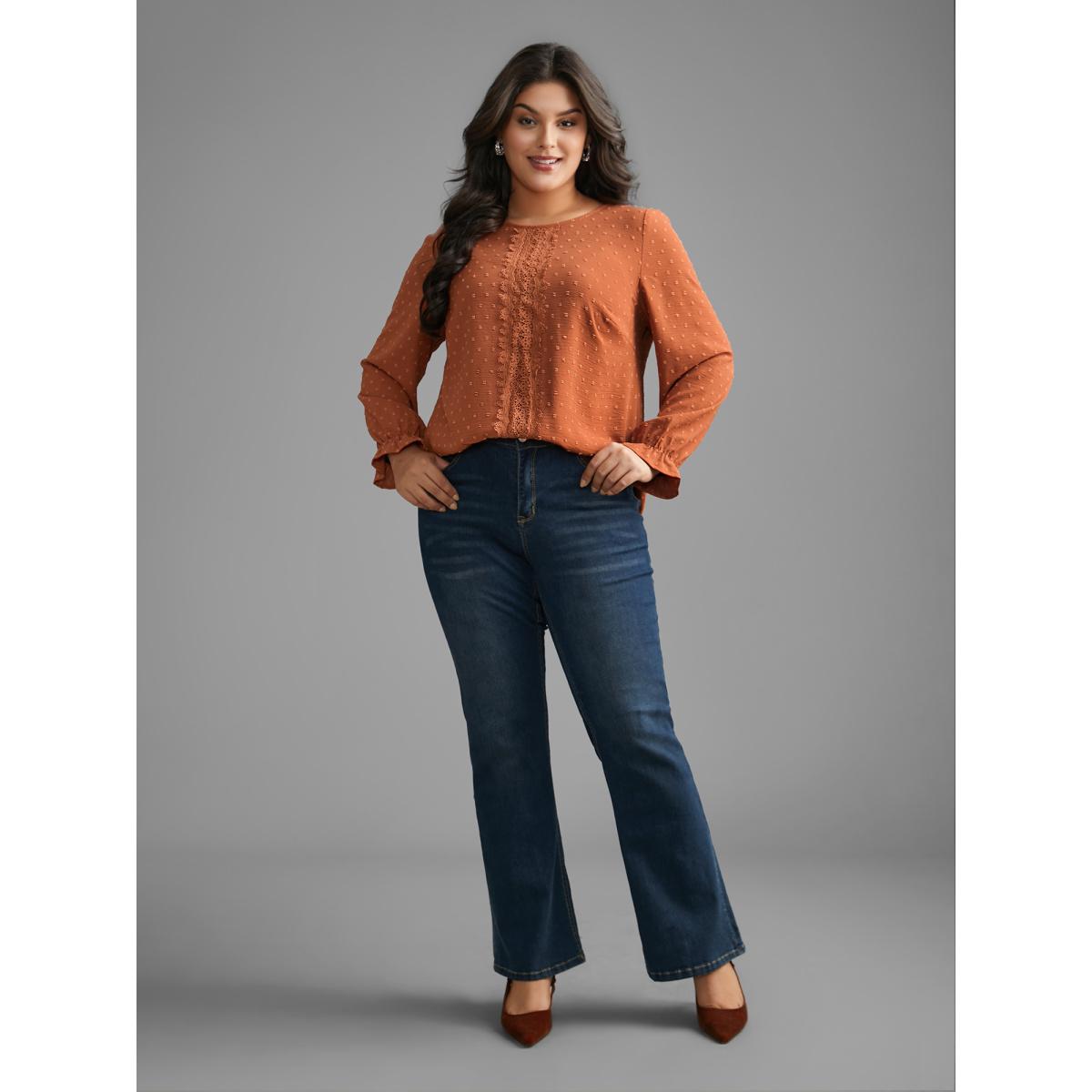 Plus Size Rust Textured Lace Panel Lantern Sleeve Blouse Women Elegant Long Sleeve Round Neck Everyday Blouses BloomChic 30/6X Product Image