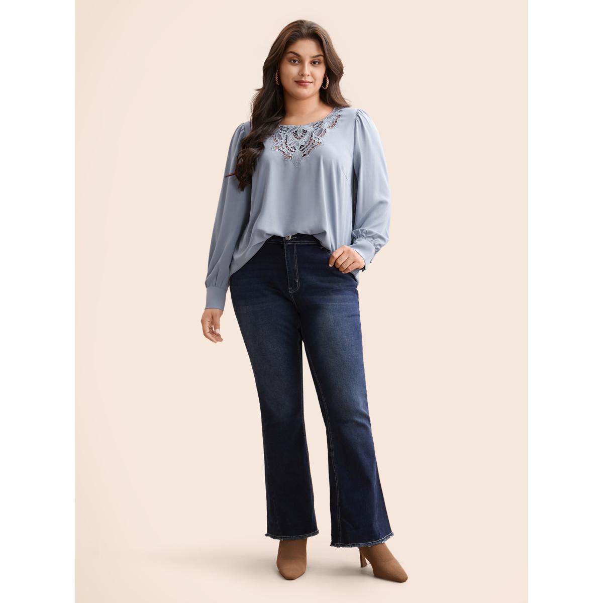 Plus Size Stone Plain Broderie Anglaise Gathered Blouse Women Elegant Long Sleeve Asymmetrical Neck Everyday Blouses BloomChic 26/4X Product Image