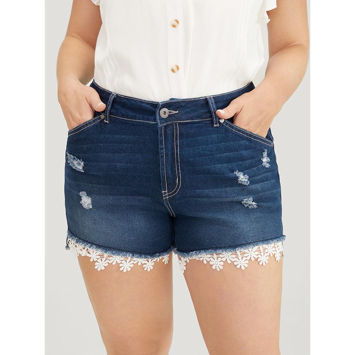 Plus Size Moderately Stretchy Ripped Lace Raw Hem Denim Shorts Women DarkBlue Medium stretch Dailywear Pocket Elegant Denim Shorts BloomChic 10/M Product Image