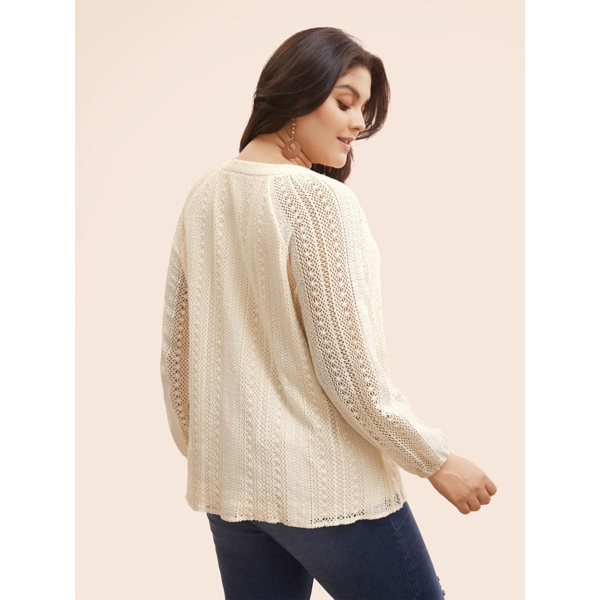Plus Size Beige Notched Crochet Lace Raglan Sleeve Blouse Women Resort Long Sleeve Notched collar Vacation Blouses BloomChic 10/M Product Image