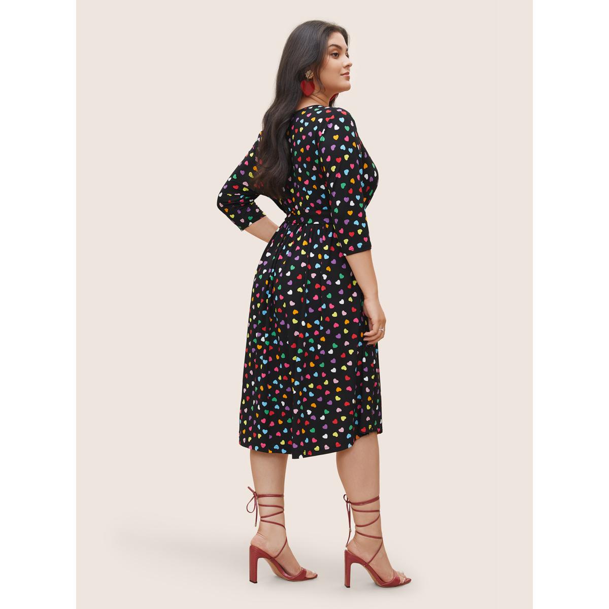 Plus Size Colored Heart Print Belted Overlap Collar Dress Black Women Casual Belted Overlap Collar Elbow-length sleeve Curvy Midi Dress BloomChic 30/6X Product Image