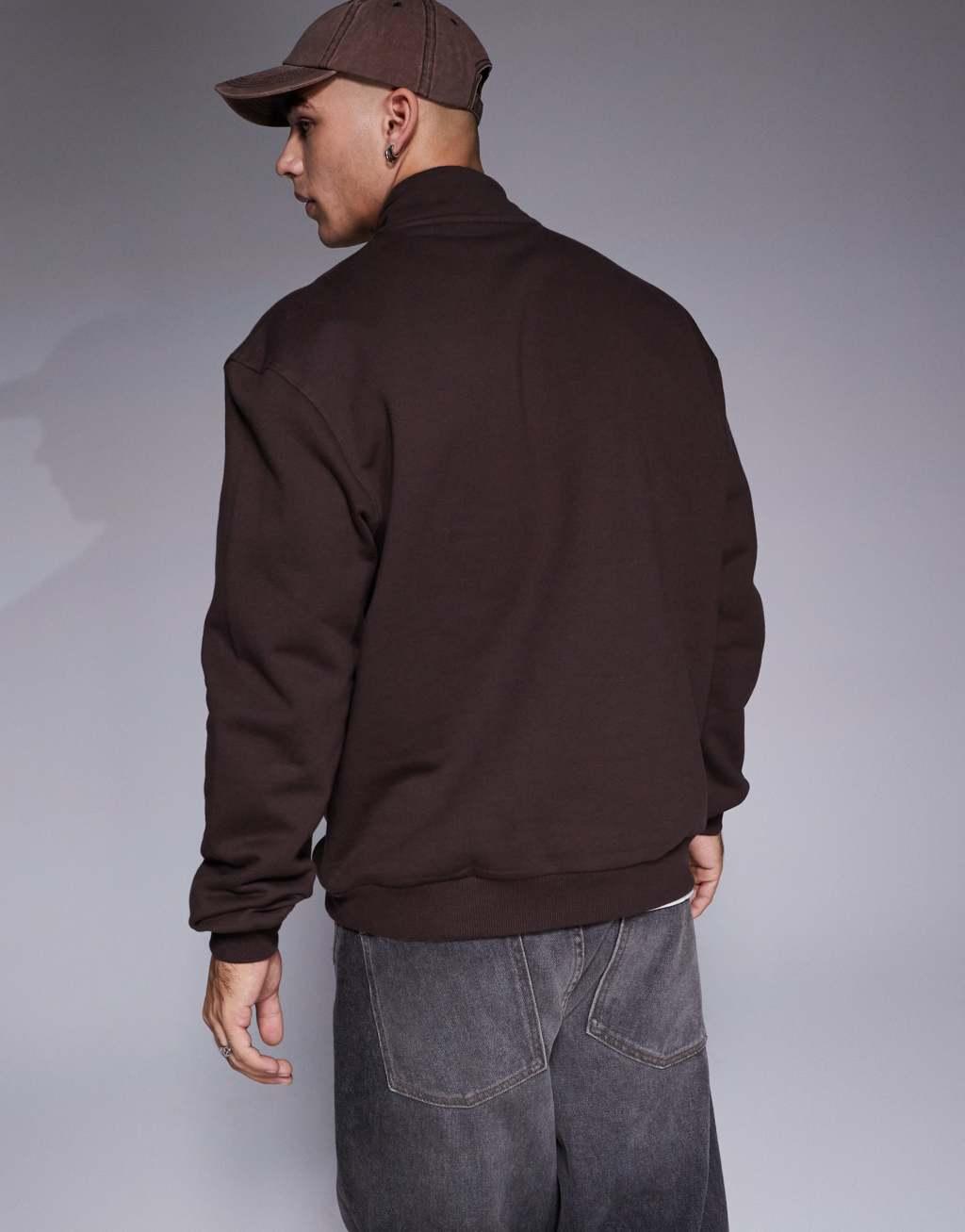 ASOS DESIGN premium heavyweight oversized quarter zip sweatshirt in dark brown Product Image