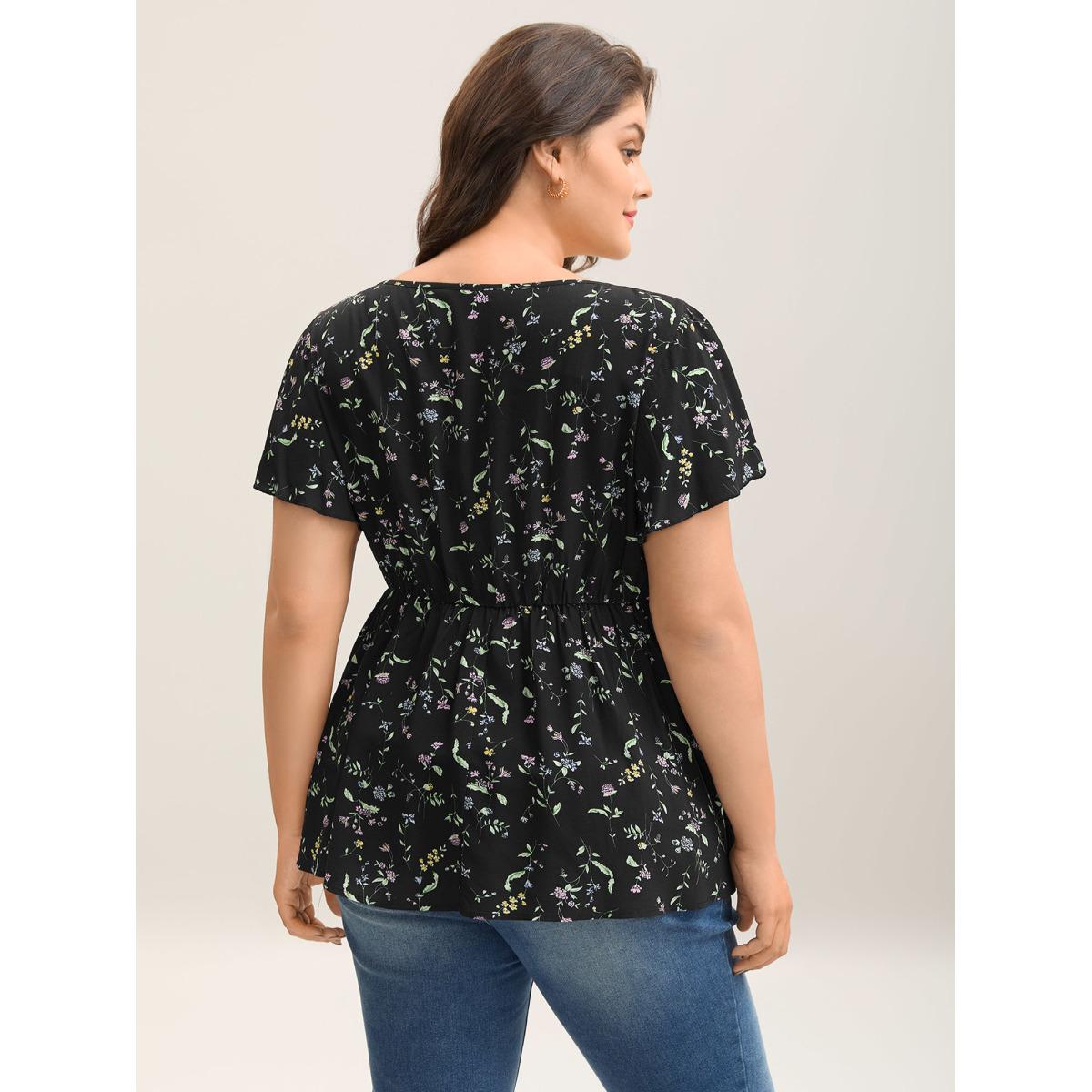 Plus Size Black Floral Print Bow Waist-Cinched Shirt Women Cap Sleeve Heart neckline Everyday-Elegant Blouses BloomChic 12/L Product Image