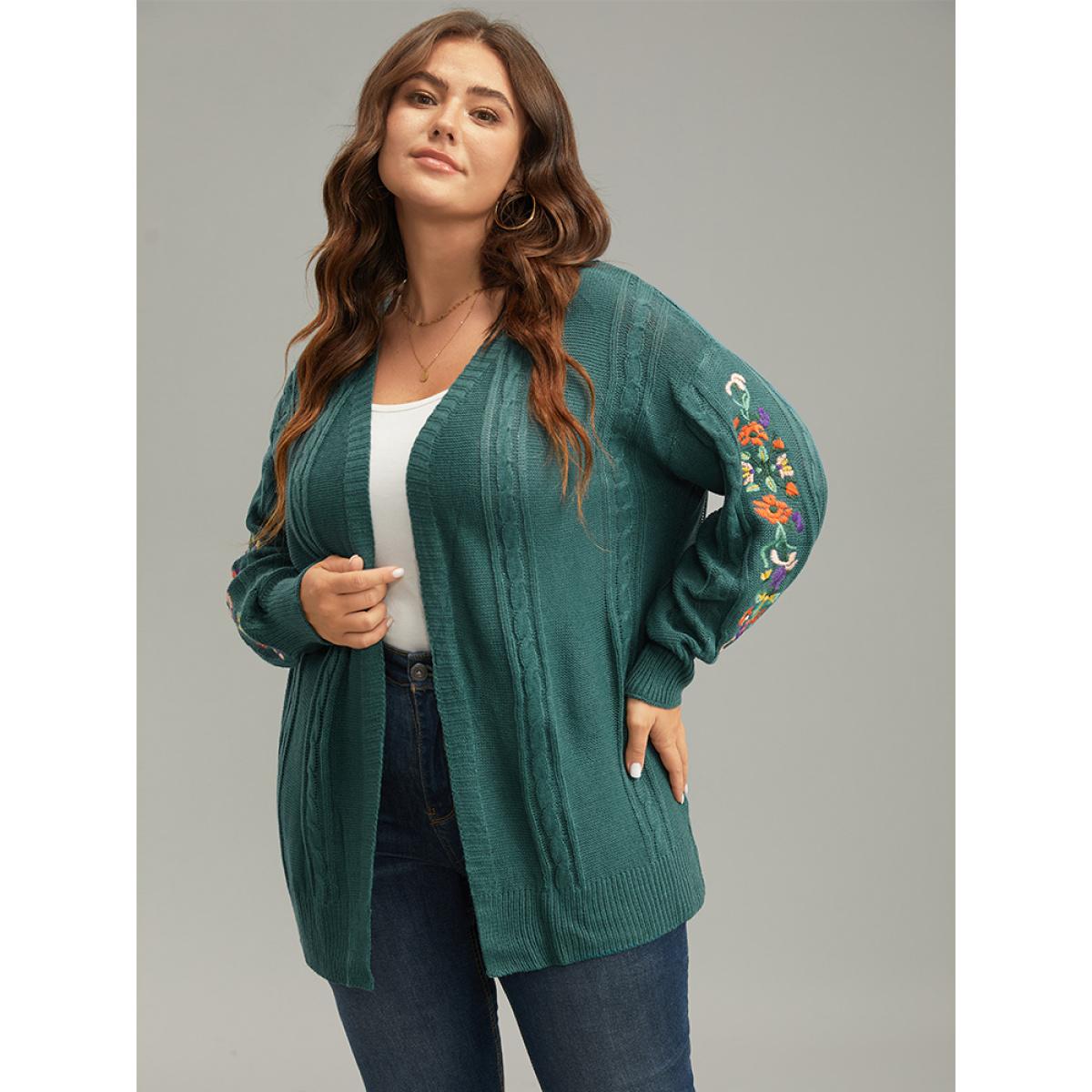 Plus Size Floral Embroidered Cable Knit Lantern Sleeve Cardigan DarkGreen Women Casual Loose Long Sleeve Dailywear Cardigans BloomChic 26/4X Product Image