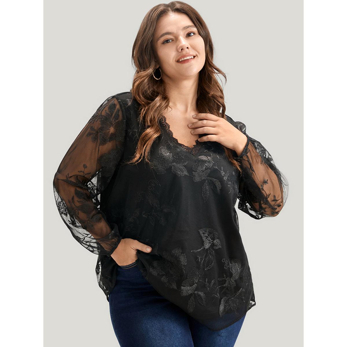 Plus Size Black Floral Lace Mesh Lantern Sleeve Blouse Women Glamour Long Sleeve V-neck Going out Blouses BloomChic 18-20/2X Product Image