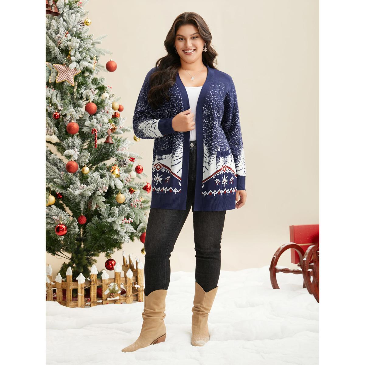 Plus Size Snowy Trees Print V-neck Open Cardigan Indigo Women Casual Loose Long Sleeve Everyday Cardigans BloomChic 12/L Product Image