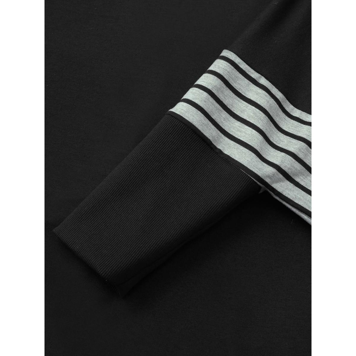 Plus Size Rib Knit Striped Curved Hem Sweatshirt Women Black Casual Contrast Round Neck Everyday Sweatshirts BloomChic 12/L Product Image