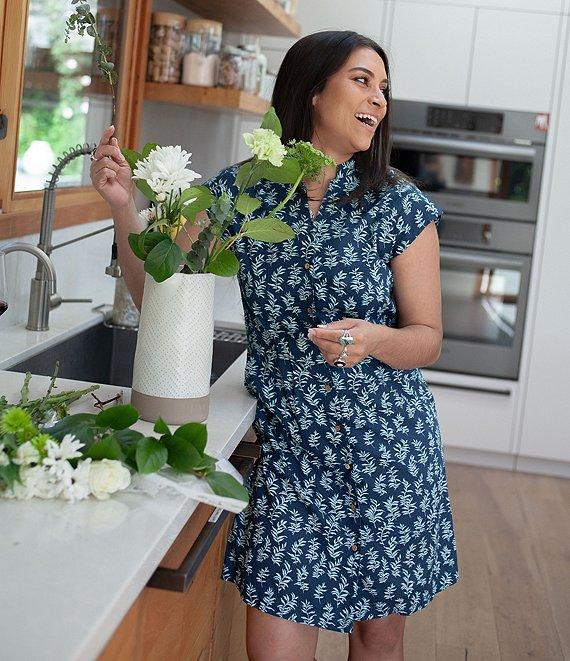 Aventura Abloom Printed Organic Cotton Poplin Woven Stand Collar Cap Sleeve Button Front Shirtdress Product Image