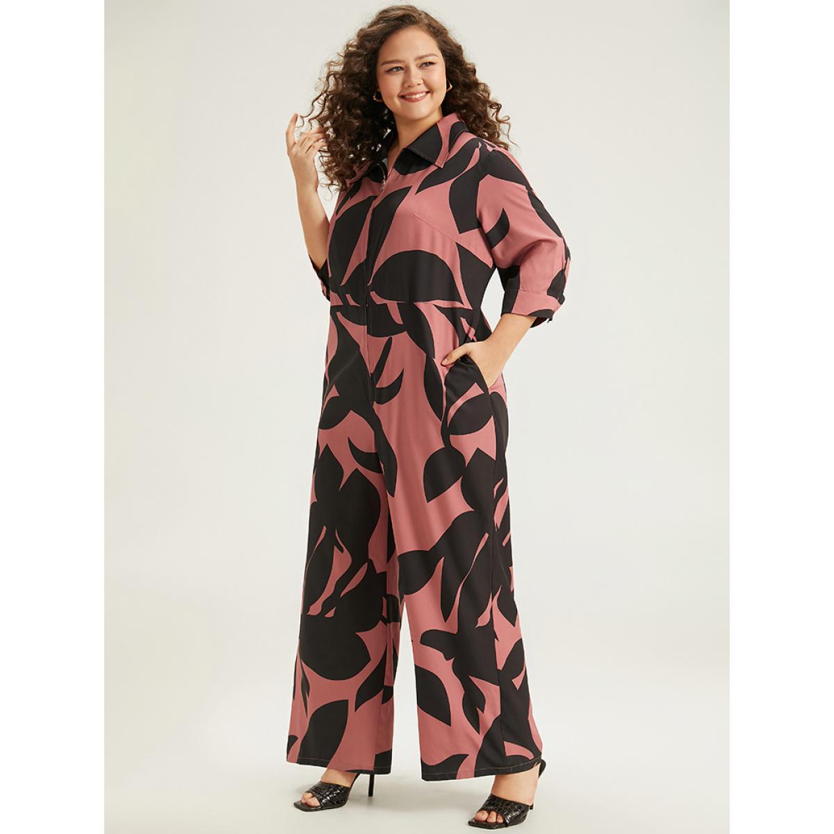 Plus Size DustyPink Silhouette Floral Print Zipper Belted Jumpsuit Women Elegant Elbow-length sleeve Shirt collar Everyday Loose Jumpsuits BloomChic 10/M Product Image