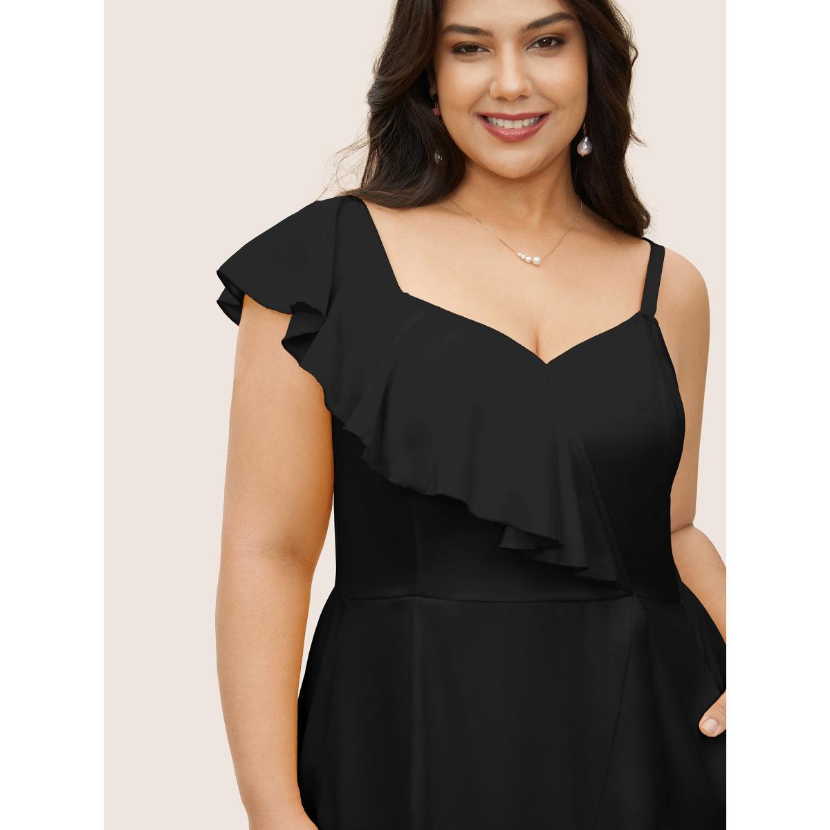 Plus Size Citrus Solid Ruffle Trim Surplice Neck Dress Black Women Elegant Overlapping V-neck Sleeveless Curvy Midi Dress BloomChic 30/6X Product Image