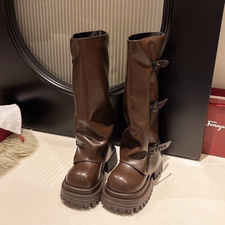 Platform Buckled Panel Knee High Boots Product Image