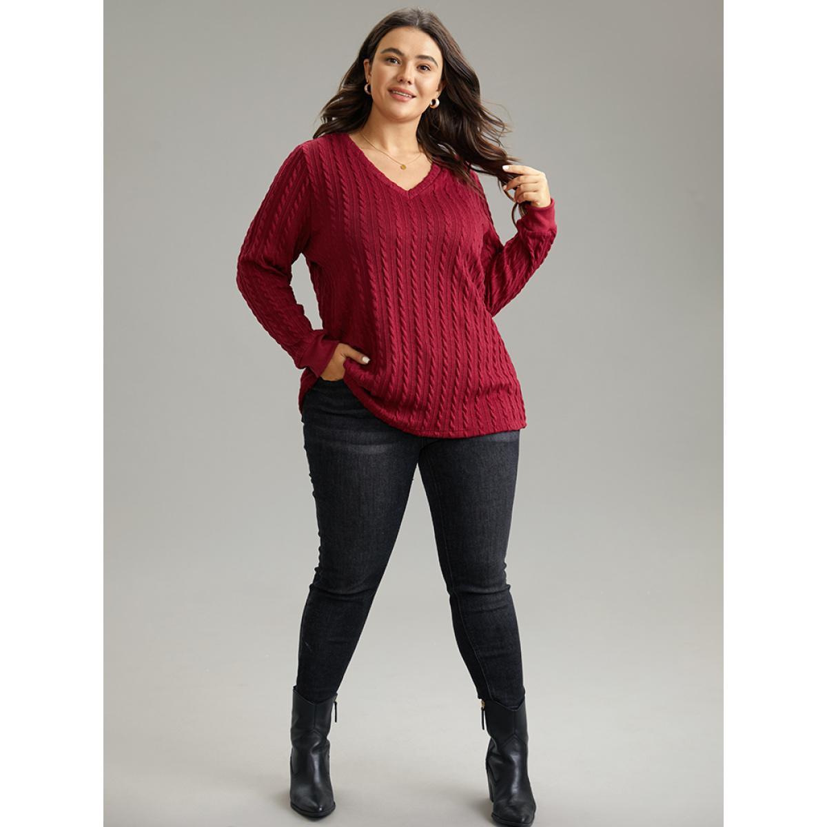 Plus Size Rib Knit Plain Elastic Cuffs Sweatshirt Women Scarlet Elegant Rib Knit V-neck Dailywear Sweatshirts BloomChic 26/4X Product Image